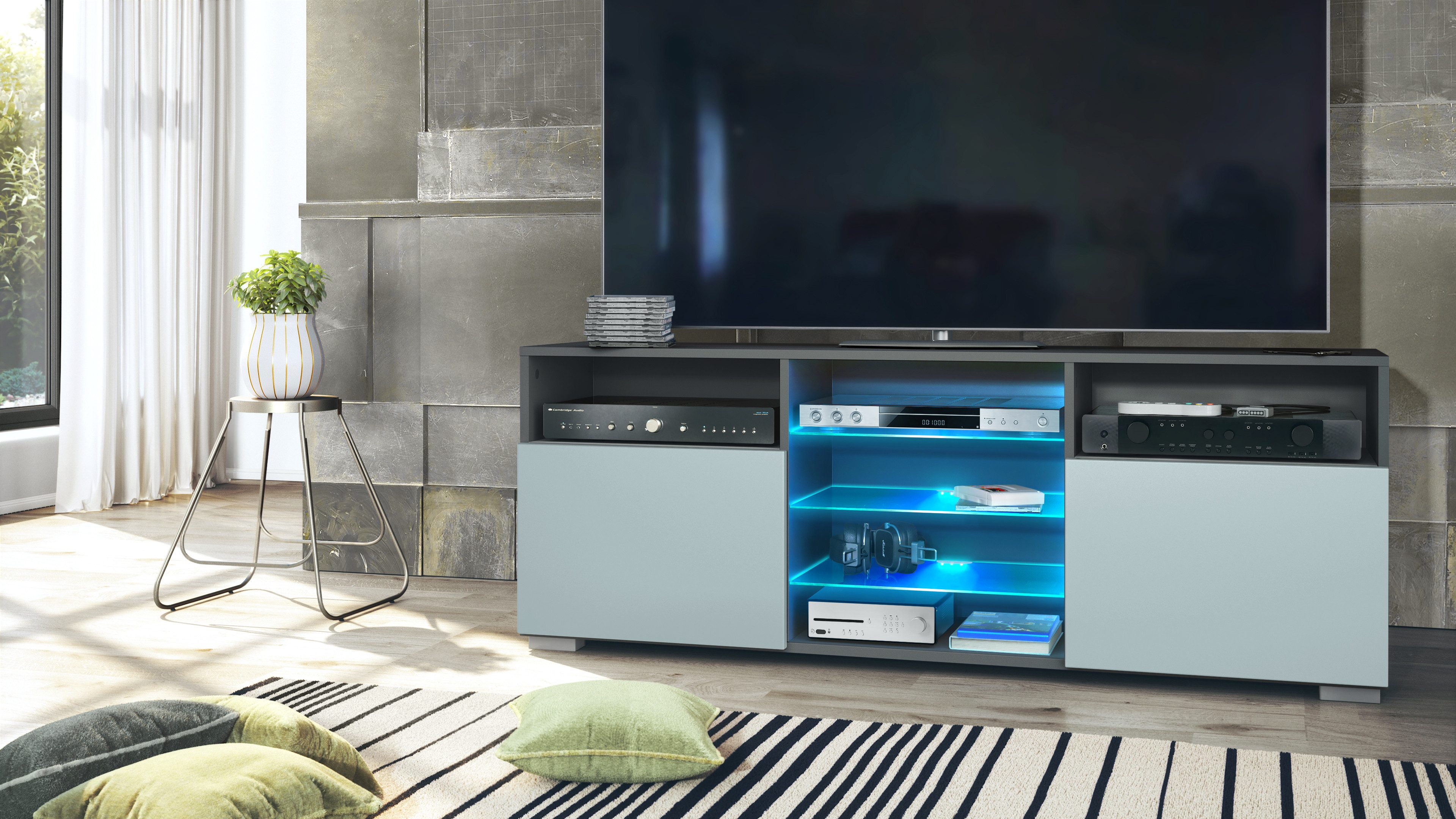 Vladon Lowboard Granada (TV-Kommode, mit 2 Türen und 6 offenen Fächern), Anthrazit matt, Denim matt