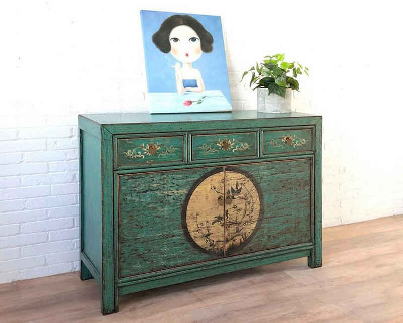 OPIUM OUTLET Kommode »Asia Schrank Sideboard orientalisch chinesisch«, Vintage-Stil, Smaragd-Grün