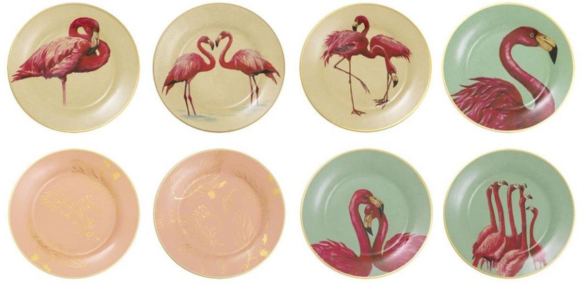 Casa Padrino Dekoobjekt Deko Porzellan Wandteller 8er Set Flamingos & Federn Mehrfarbig / Gold Ø 27 cm - Luxus Wanddeko