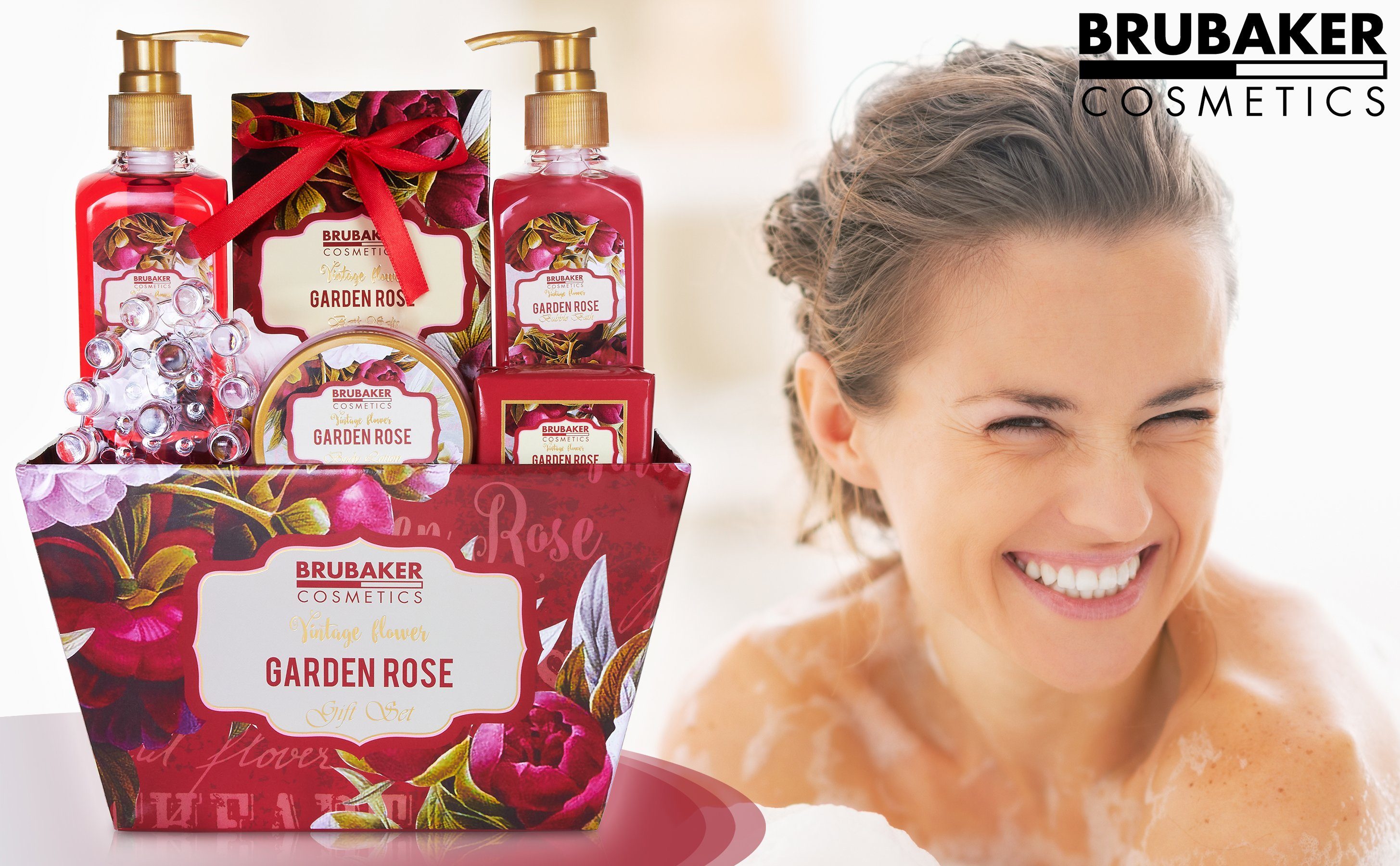 BRUBAKER Pflege-Geschenkset Bade- und Dusch Set, 7-tlg., Geschenkset mit Massage-Acryl, Rosen- und Veilchen Duft