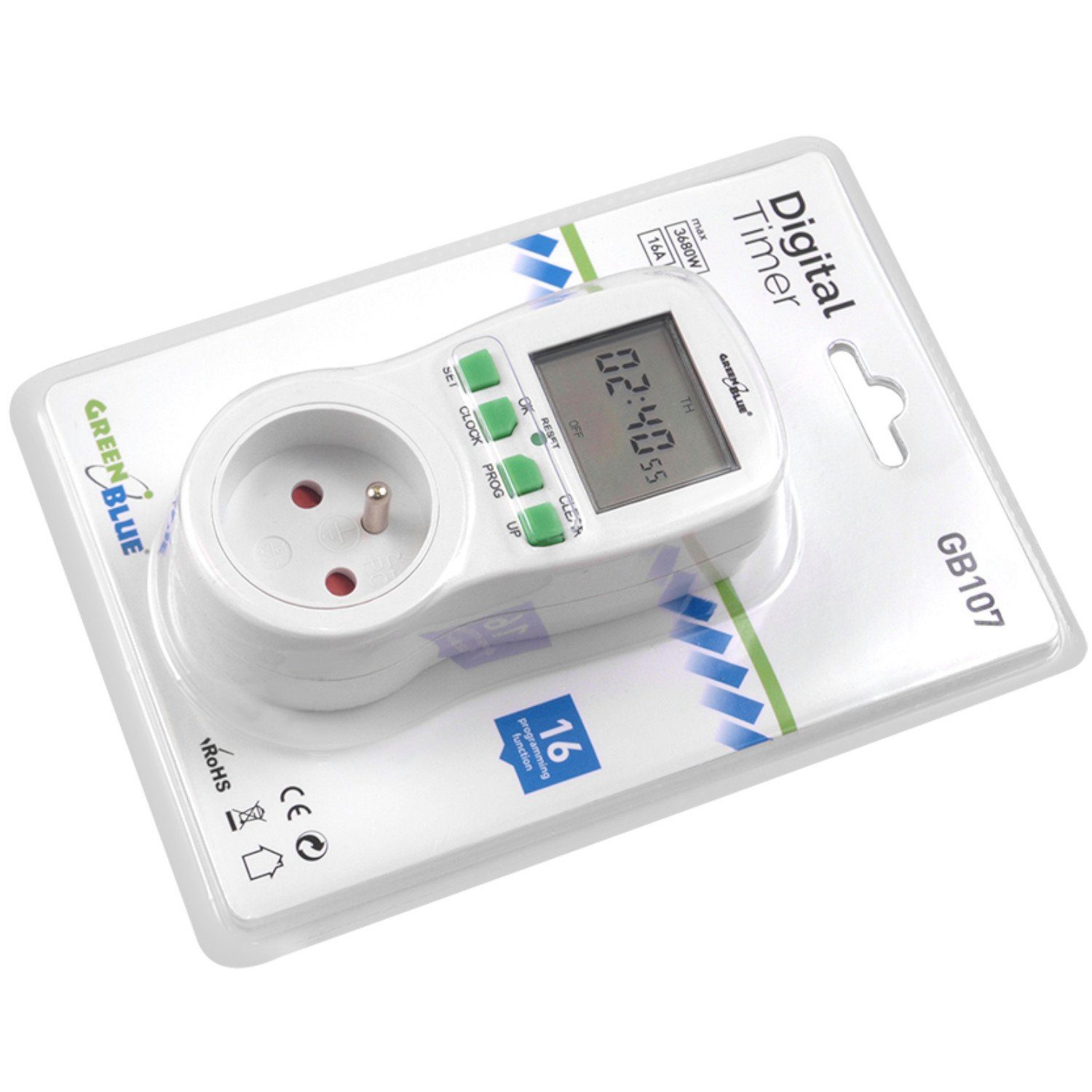 GreenBlue Zeitschaltuhr GB107, 220-240 VAC 50 Hz, 16A, 3680W, 1 Minute bis 168 Stunden (7 Tage)