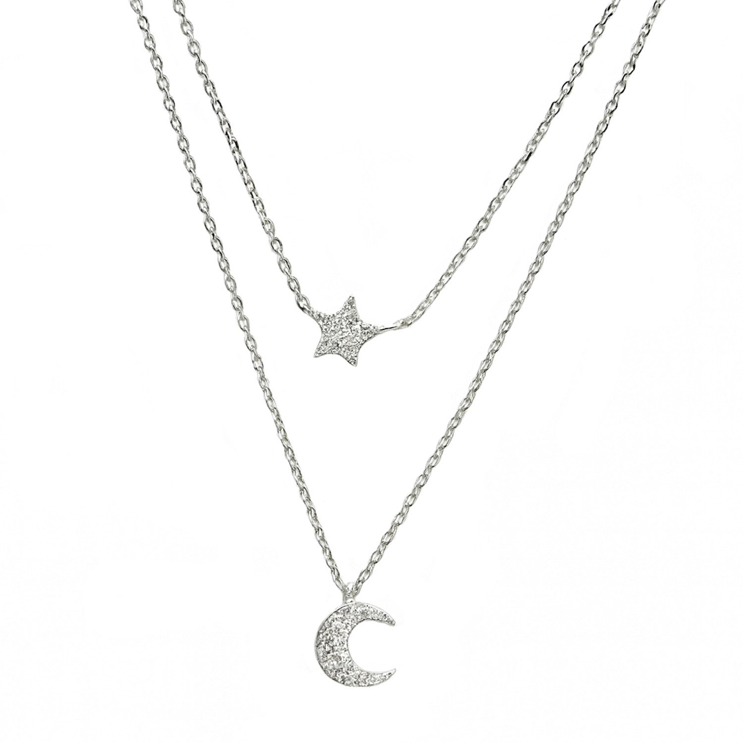 Silberkette Layerkette „Luminara“ 925 Silber – Stern & Mond, 41 / 46+3 cm