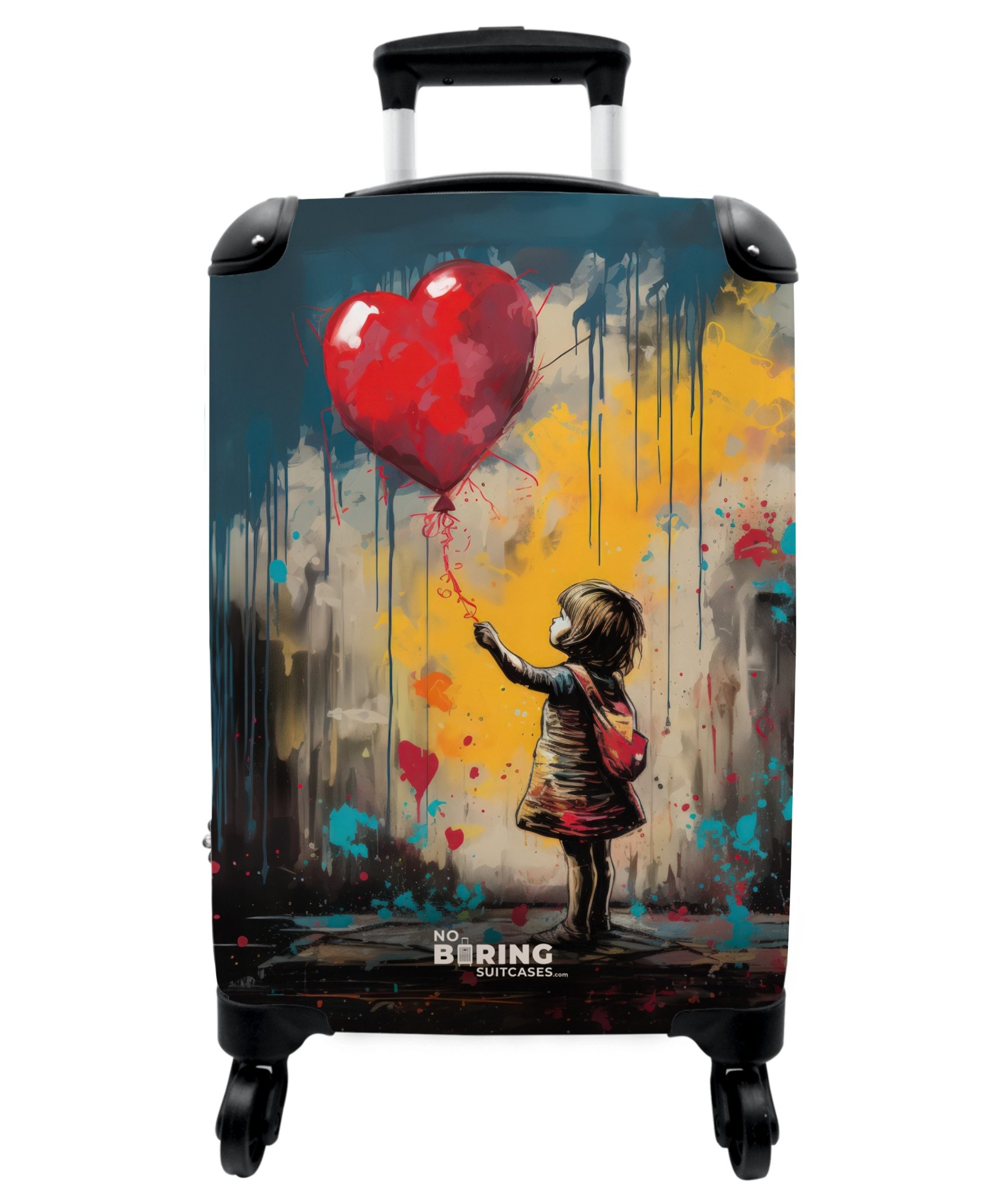 NoBoringSuitcases.com© Hartschalen-Trolley Mädchen mit Luftballon im Graffiti-Stil 55x35x20cm, 4 Rollen, Reisetasche mit Rollen, Koffer Handgepäck Flugzeug