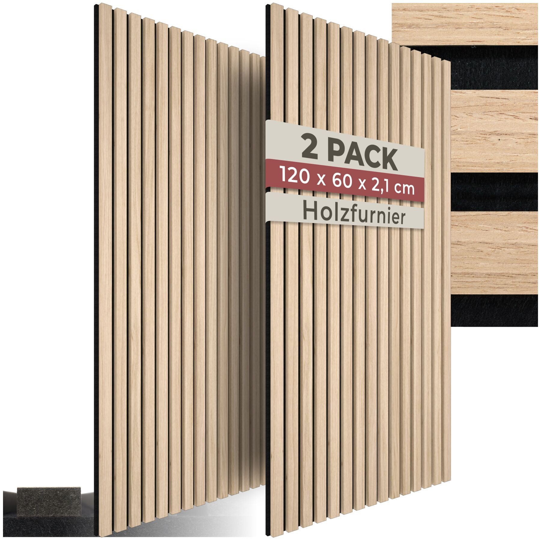 tectake Wandpaneel Akustikpaneele aus MDF und Echtholzfurnier - Eiche hell, BxL: 60x120 cm, 0.72 qm, (Holzpaneele Sonic Wall II, 2-tlg., Größe flexibel anpassbar) schallabsorbierender Filz, einfache Montage mit Kleber oder Schrauben