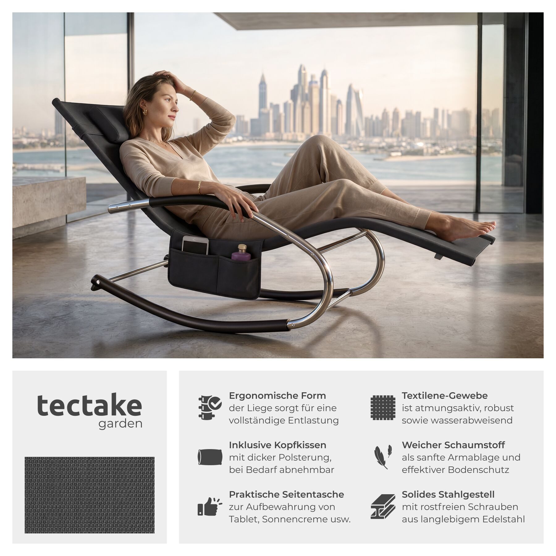 tectake Gartenliege Relaxliege wetterfest mit Kopfkissen, atmungsaktiv, Seitentasche, Liegestuhl Taya, 1 St., in Schwarz, Komfort-Schwingbewegung, ergonomische  – Bild 2 von 5