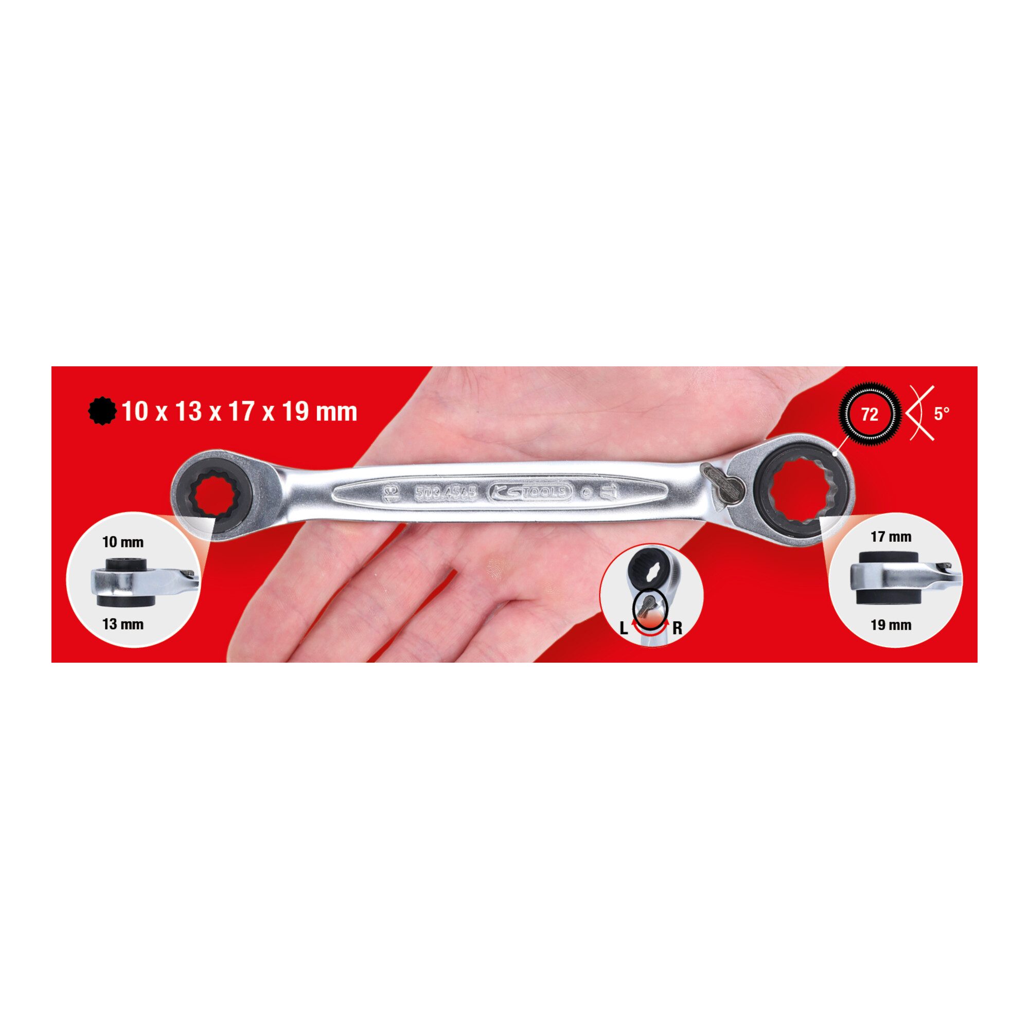 KS Tools Ratsche KS Tools 4 in 1 GEARplus umschaltbar Doppel-Ratschenringschlüssel, 10x