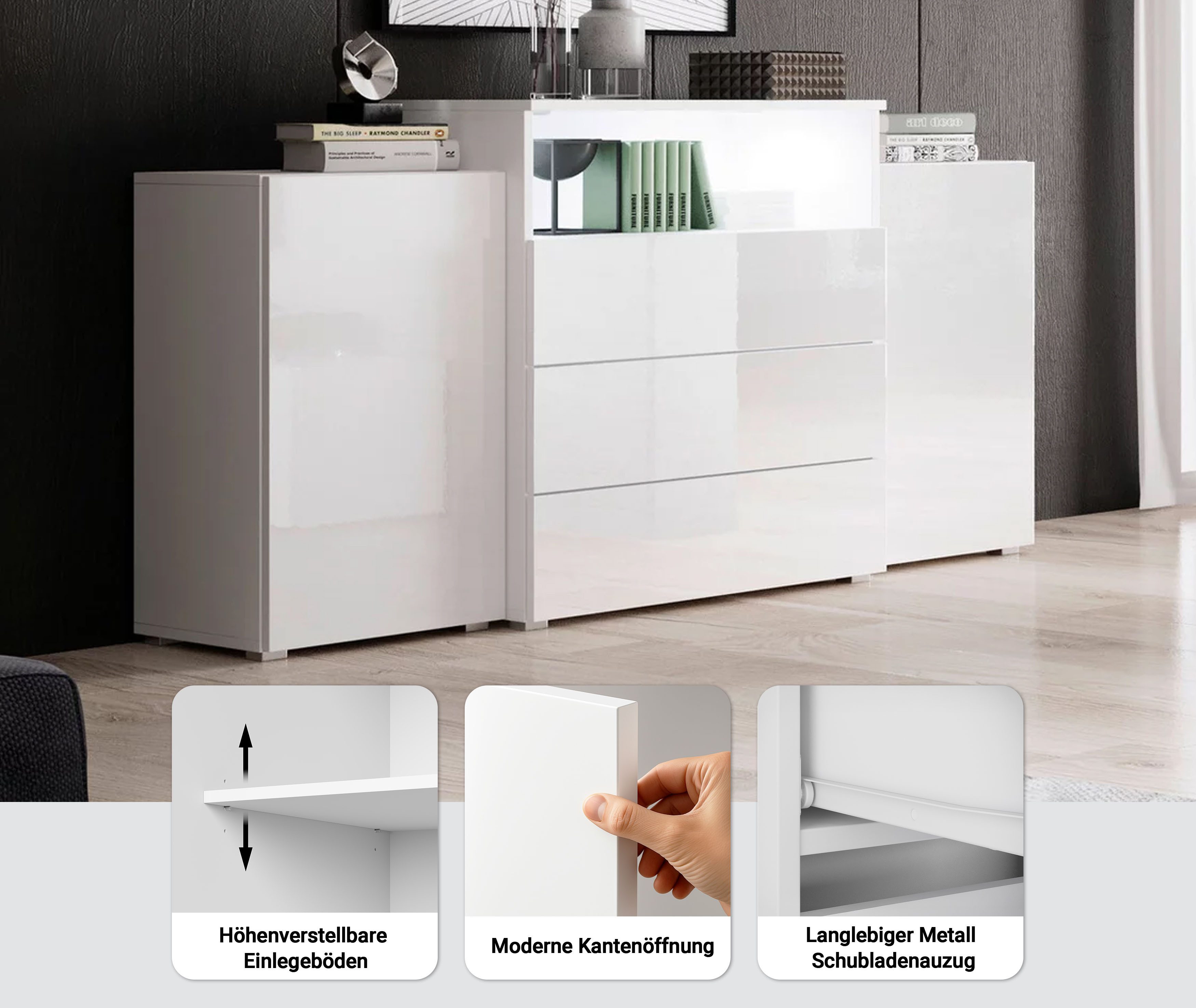 Home affaire Sideboard URBAN III, Moderne Kommode mit 3 Schubladen und 4 Fächern, Breite 150 cm