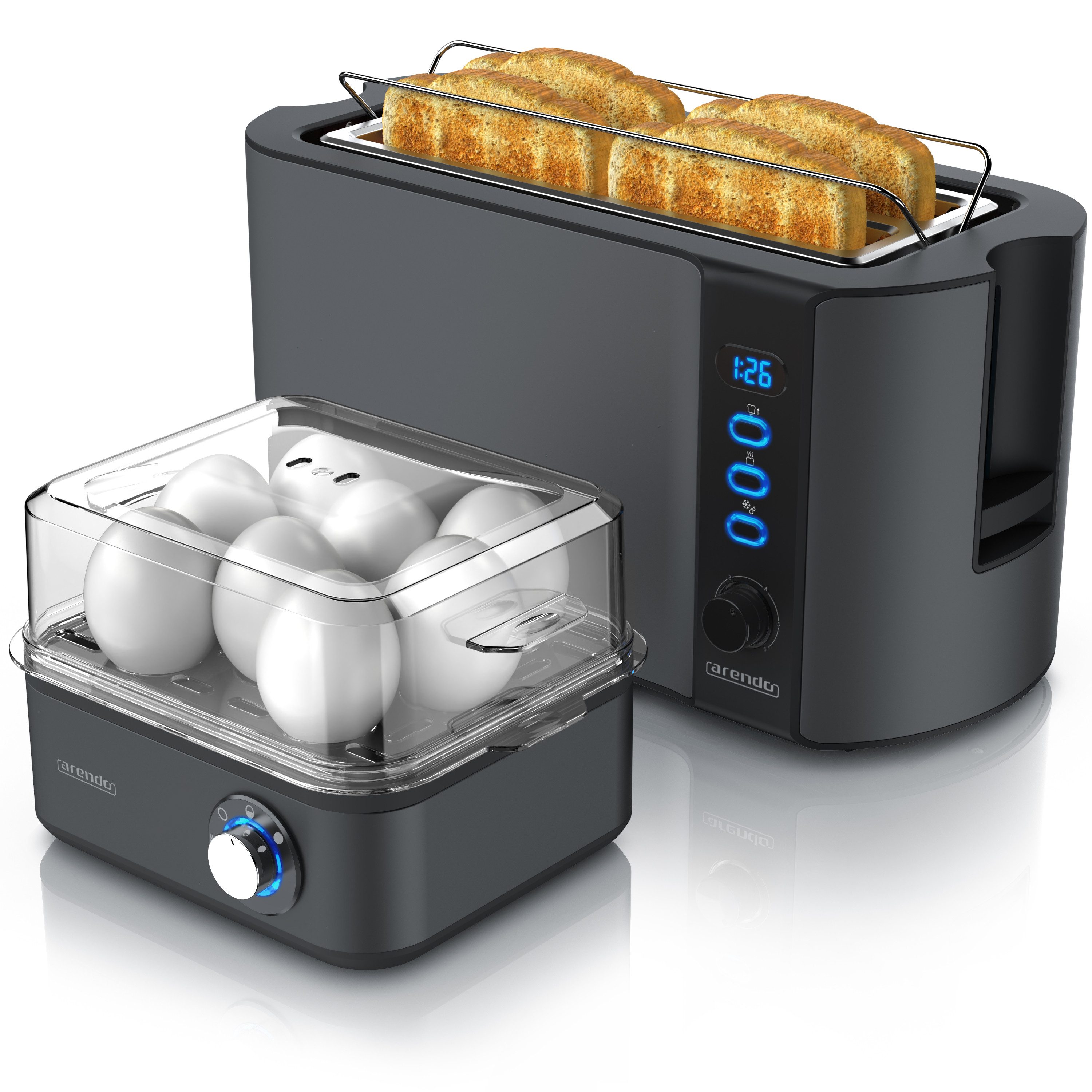Arendo Frühstücks-Set (2-tlg), 4-Scheiben Langschlitz Toaster, 8er Eierkocher, Cool Grey