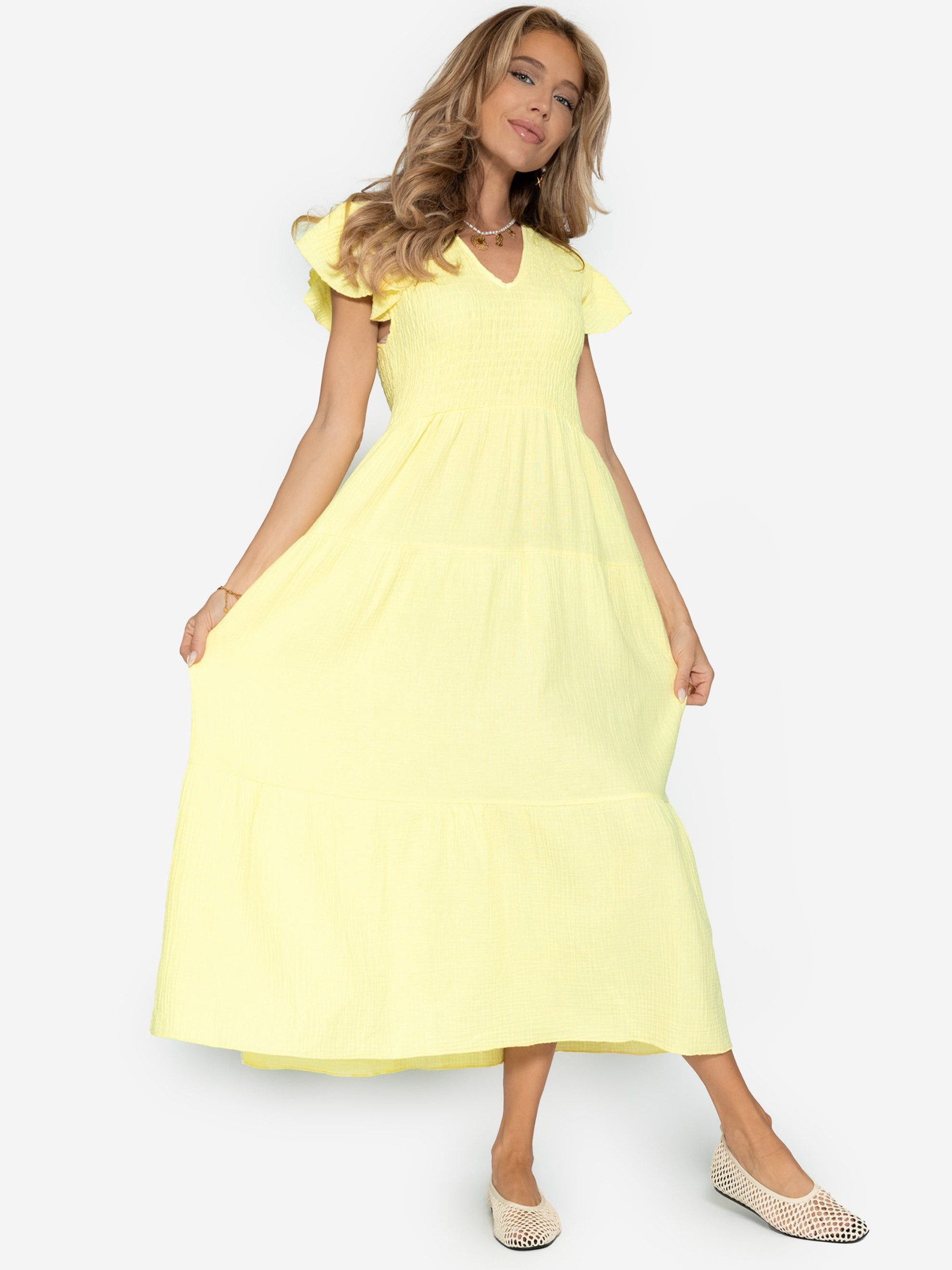 SASSYCLASSY Minikleid Maxikleid mit Volants für Damen Sommerliches Kleid aus Musselin mit Flügelärmel Gelb Schwarz Pink