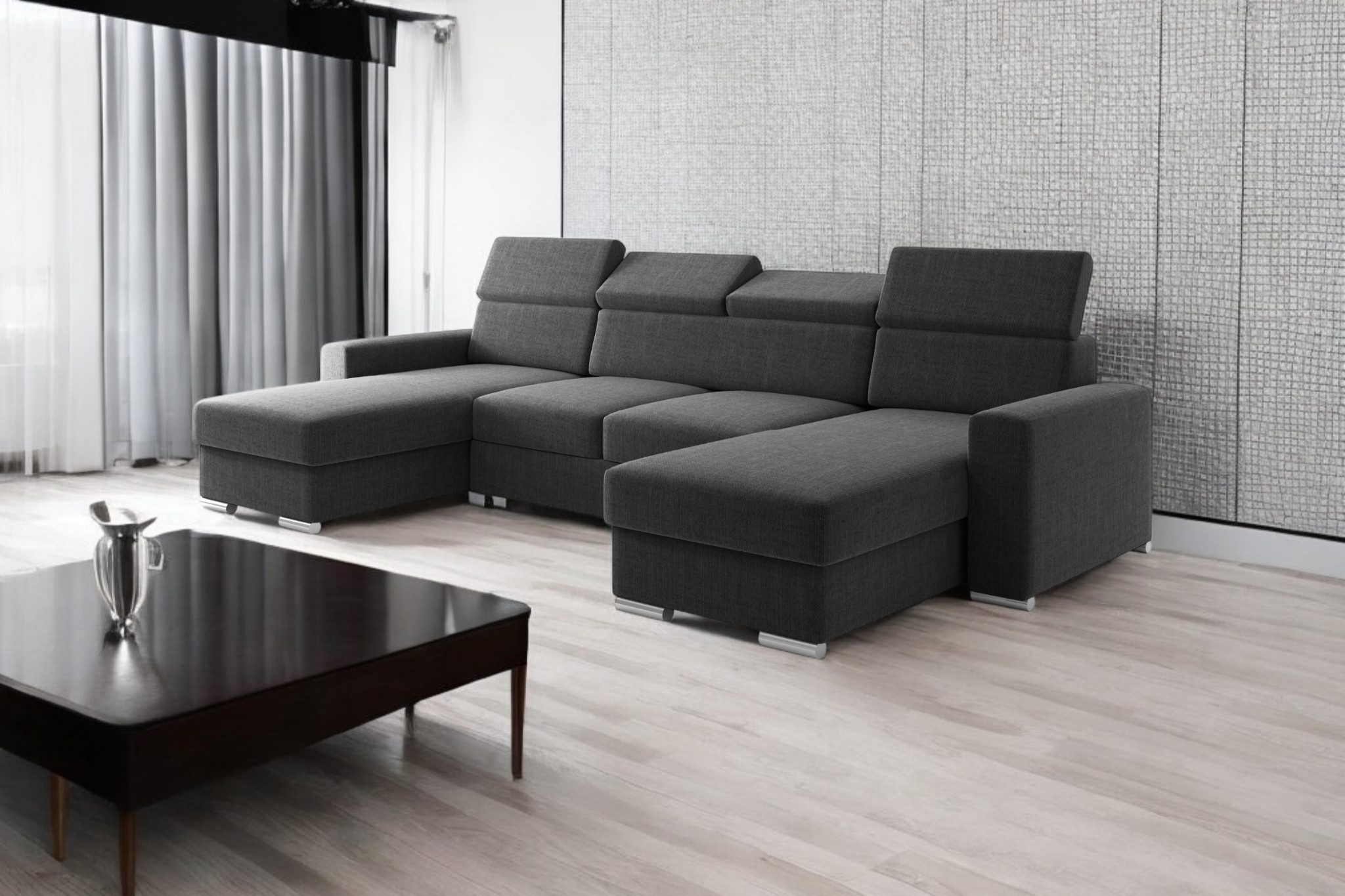 inter Sofa Wohnlandschaft U-Form VALENCIA Webstoff Anthrazit, Soafagarnitur, Bettkasten Kopfstütze ausziehbare Liegefläche