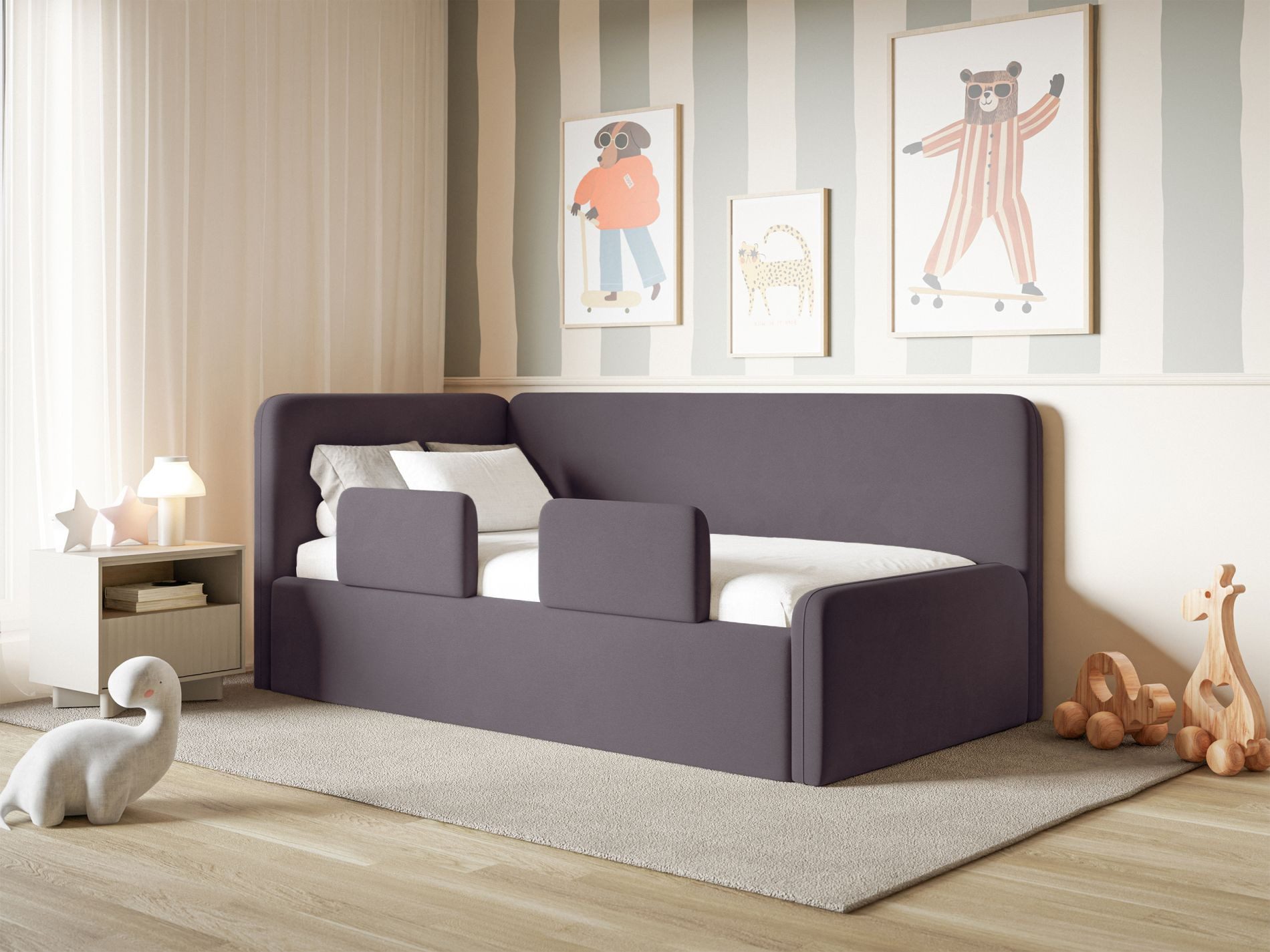 Selsey Kinderbett FANKO, Kinderbett mit Kopfteil, Rausfallschutz, Matratze, Samt, 90x200 cm