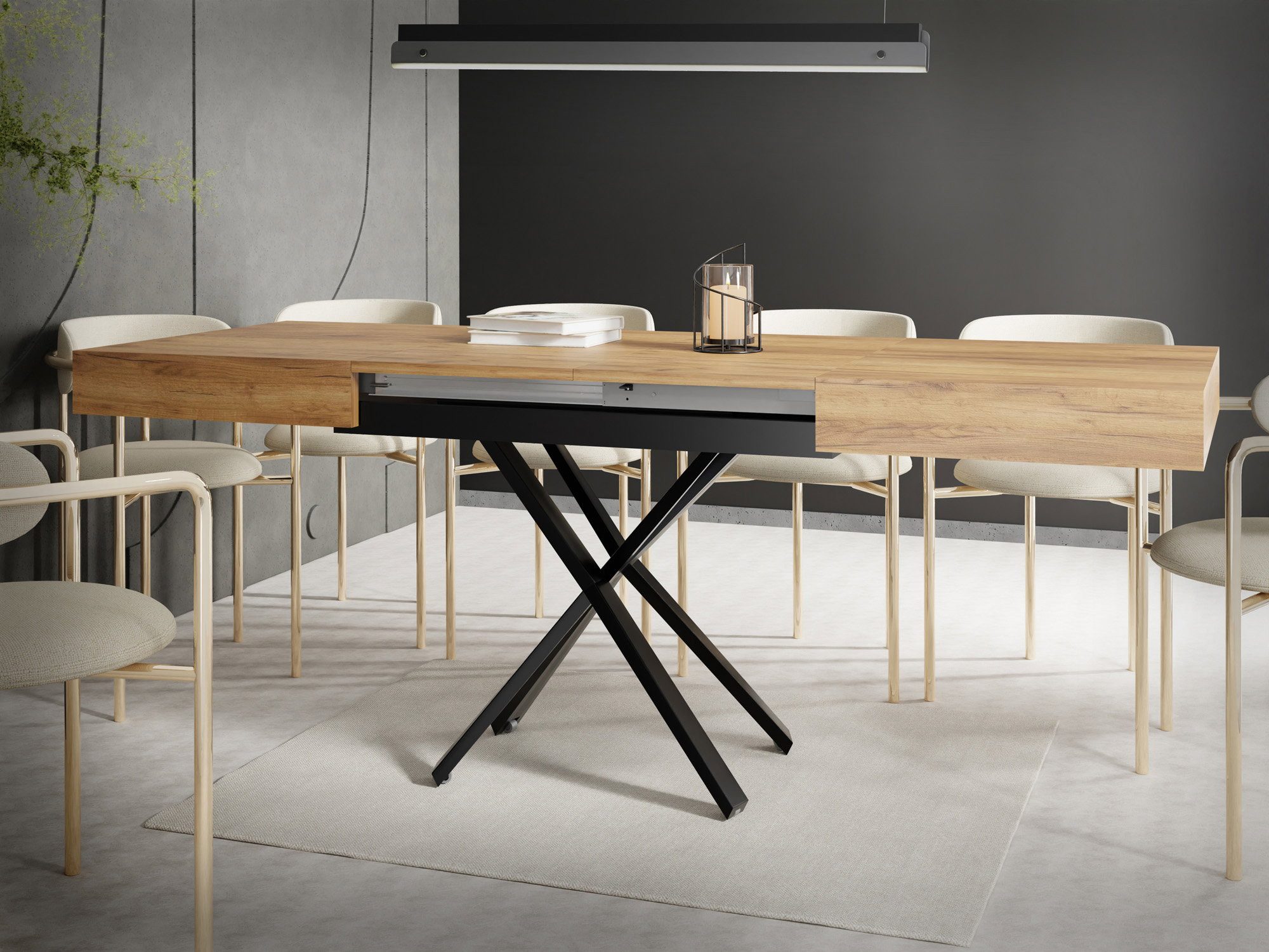 WFL GROUP Couchtisch Cavetta X höhenverstellbar ausziehbar mit schwarzen Metallbeinen (MADE IN EU, erhältlich in einer Größe – 120x80x27-76 cm, ausziehbar auf 200 cm), industrial Tisch in Holzoptik für Küche, Esszimmer oder Wohnzimmer