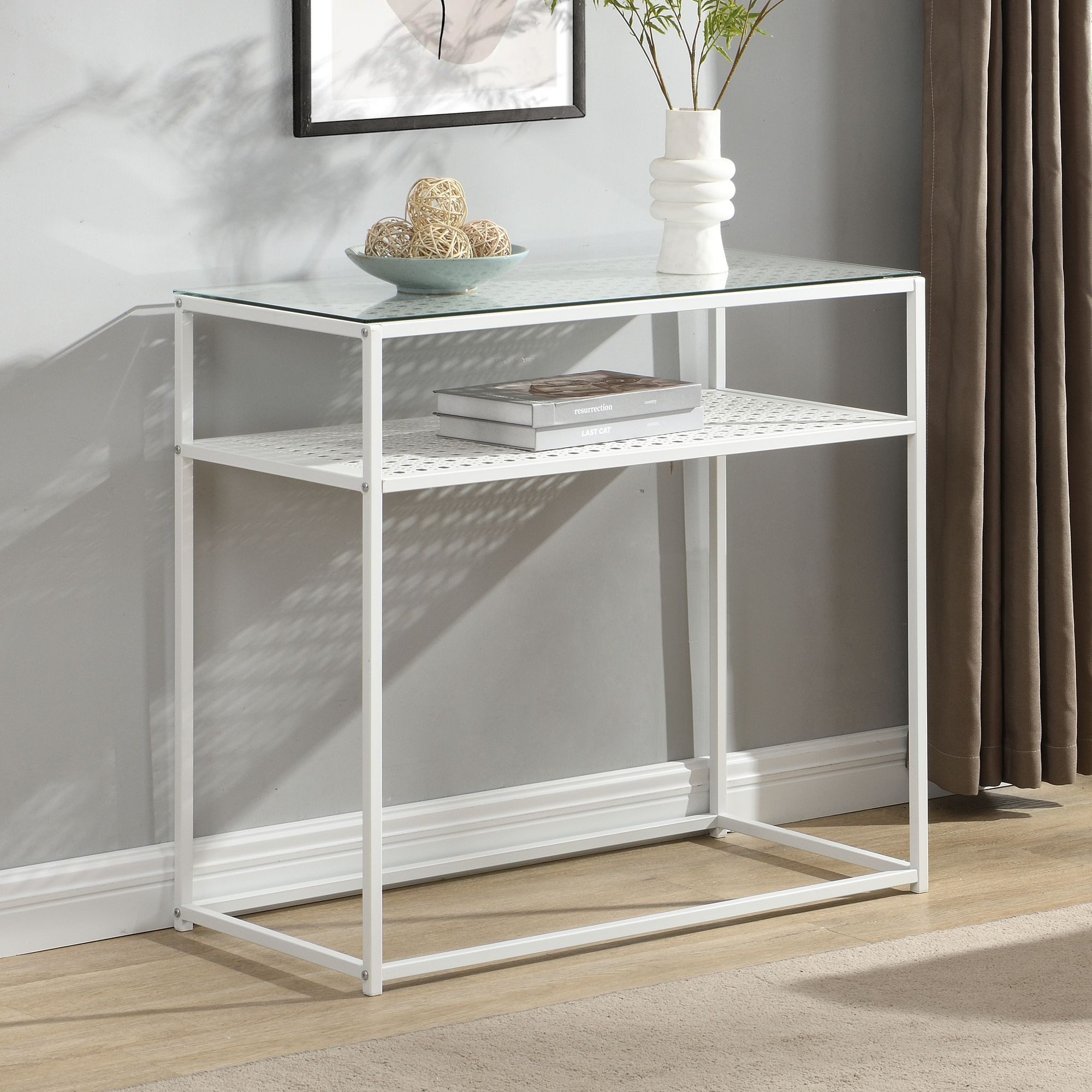 FINEBUY Konsolentisch FB72755 Ablagetisch Glas Metall 80 cm Modern Schmaler Flurtisch (Dekotisch Weiß Glas Metall Modern Flurtisch), Ablagetisch Wohnzimmer, Glastisch Platzsparend