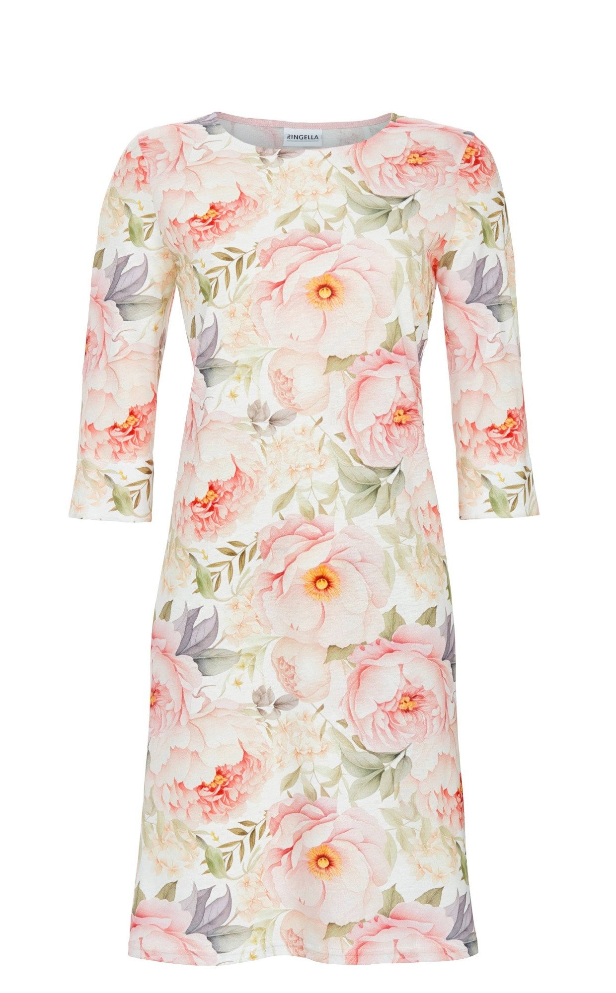 Ringella Nachthemd im Blumenallover mit Pfingstrosen und 3/4 Arm 50% Baumwolle 50% Modal
