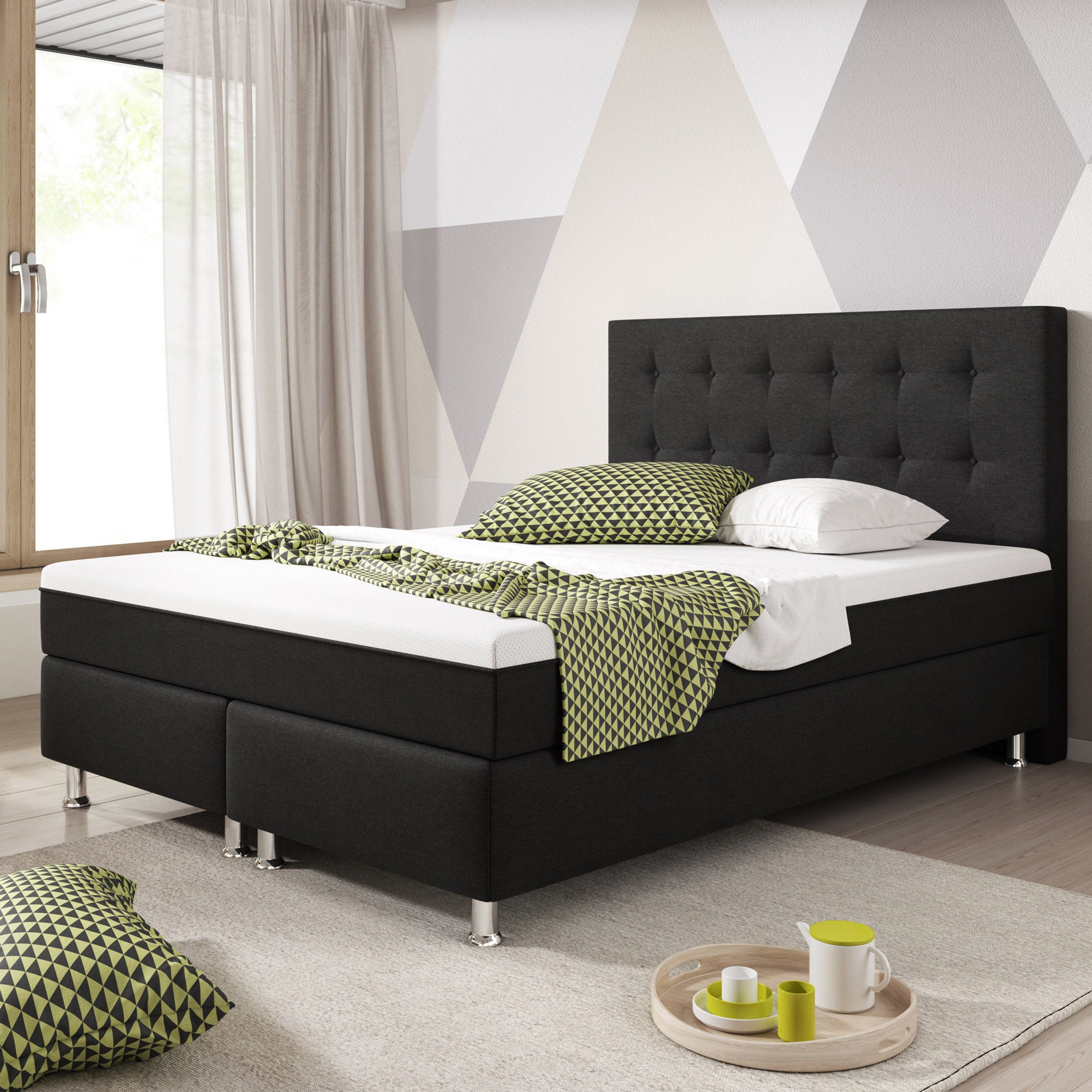 inter Boxspringbett Köln Plus 140x200 cm Webstoff (140x200 cm, Schwarz), inkl. Matratze mit Bezug in Topper-Optik