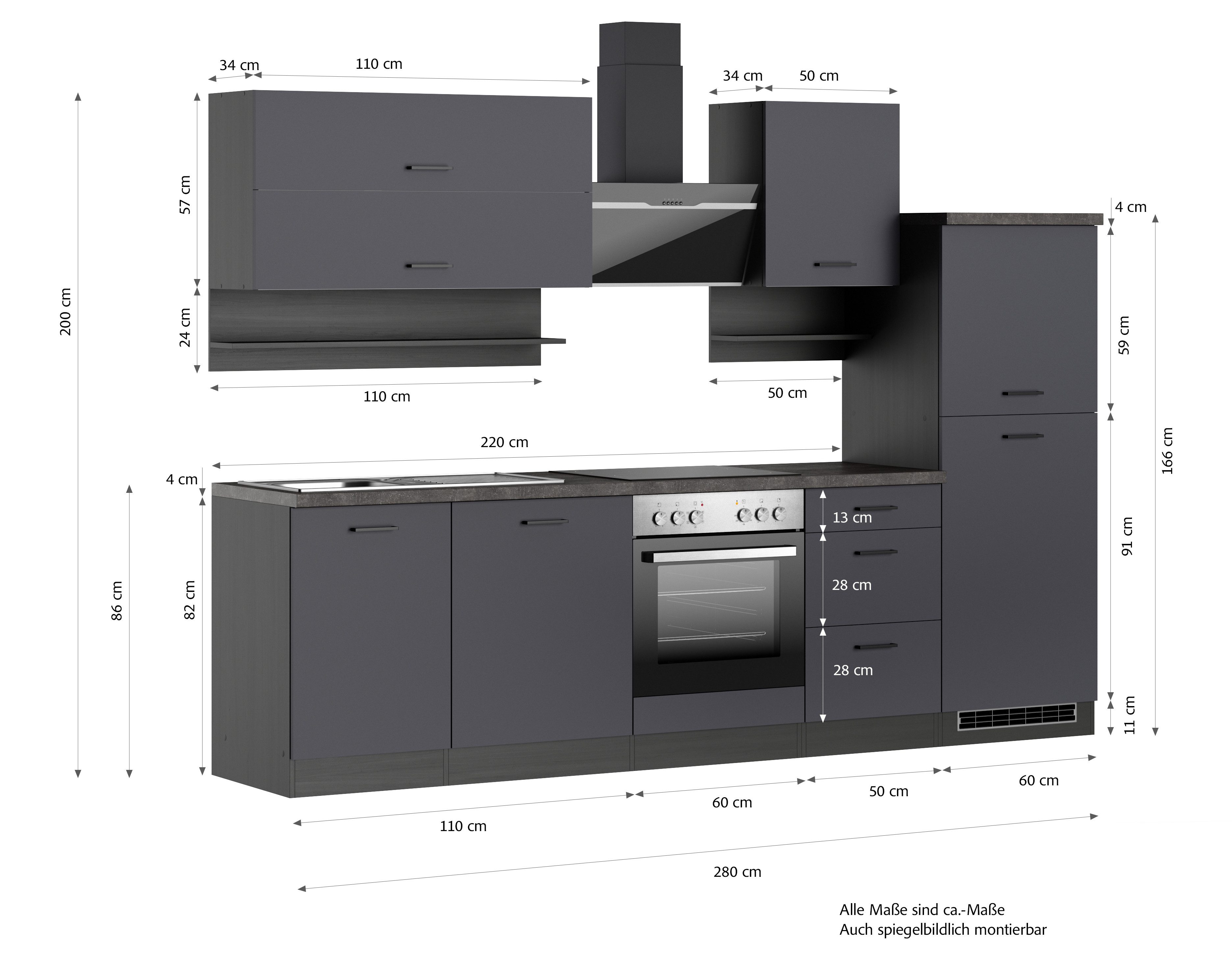 KOCHSTATION Küchenzeile KS-Frieda Breite 280 cm, wahlweise mit E-Geräten, mit 38mm starker Arbeitsplatte