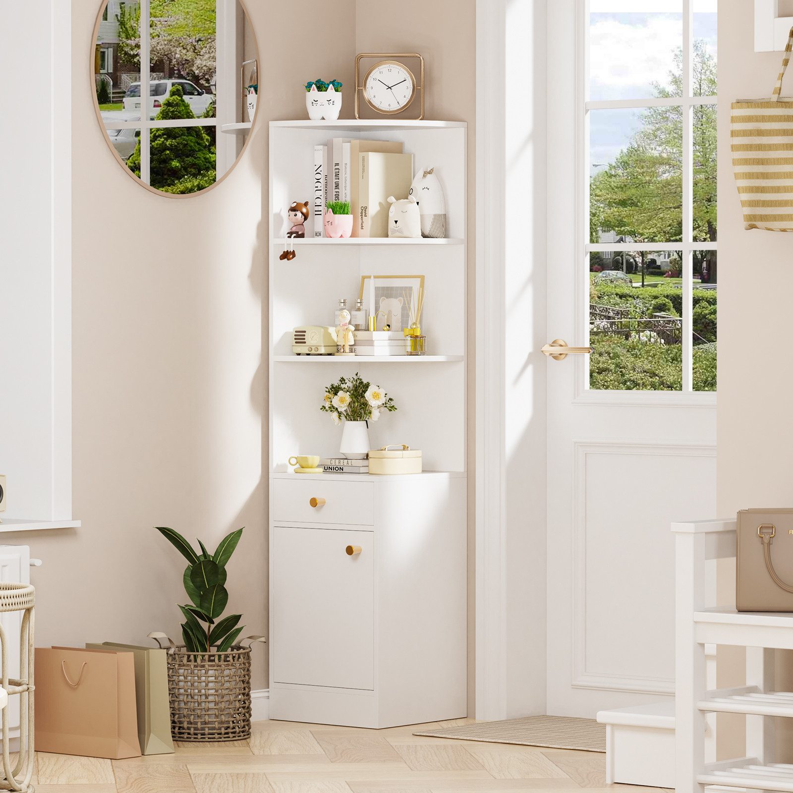 JEOBEST Bücherregal Modernes Eckregal Hochschrank 160cm, Standregal Lagerregal, 1St. 3 Offene Regale Eck-Bücherschrank,1 Schublade,1 Schrank mit Türen – Bild 3 von 5