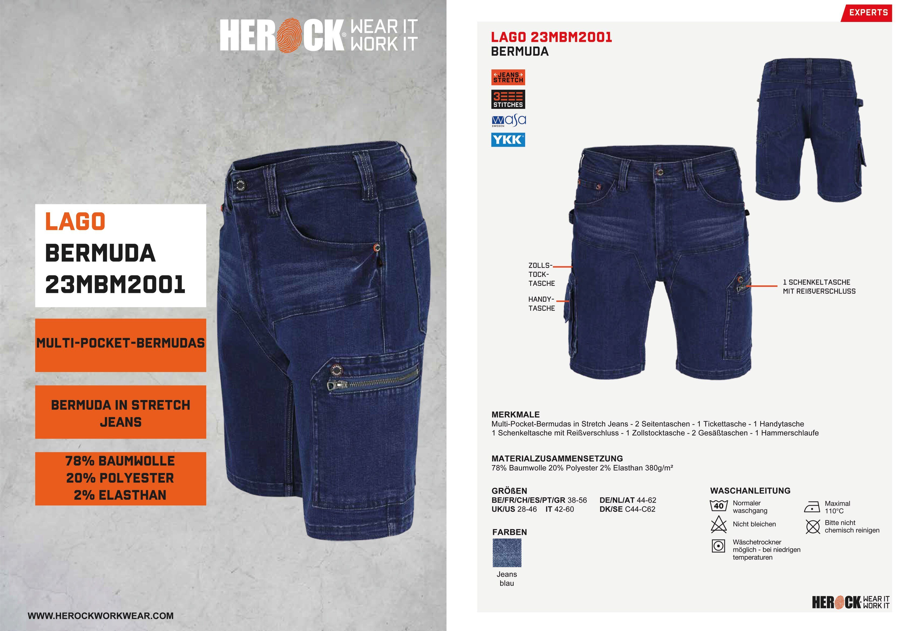Herock Arbeitsshorts Lago Multi-Pocket, 2 sehr Slimfit, Seitentaschen bequem, Jeans, Stretch