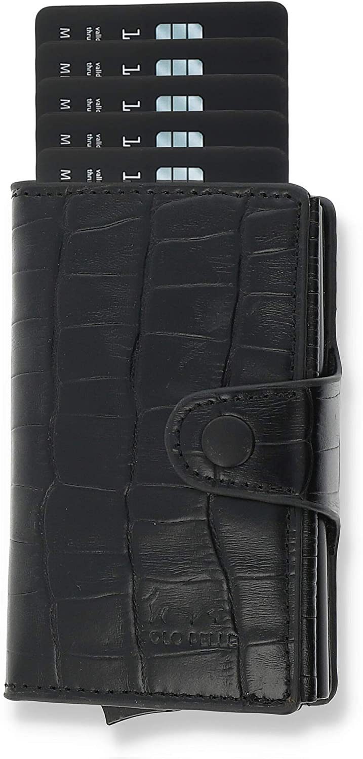 Solo Pelle Mini Geldbörse Slim Wallet Mondo ohne Münzfach [bis zu 13 Karten] [RFID-Schutz], echt Leder, Made in Europe, mit RFID Schutz Kroko Schwarz