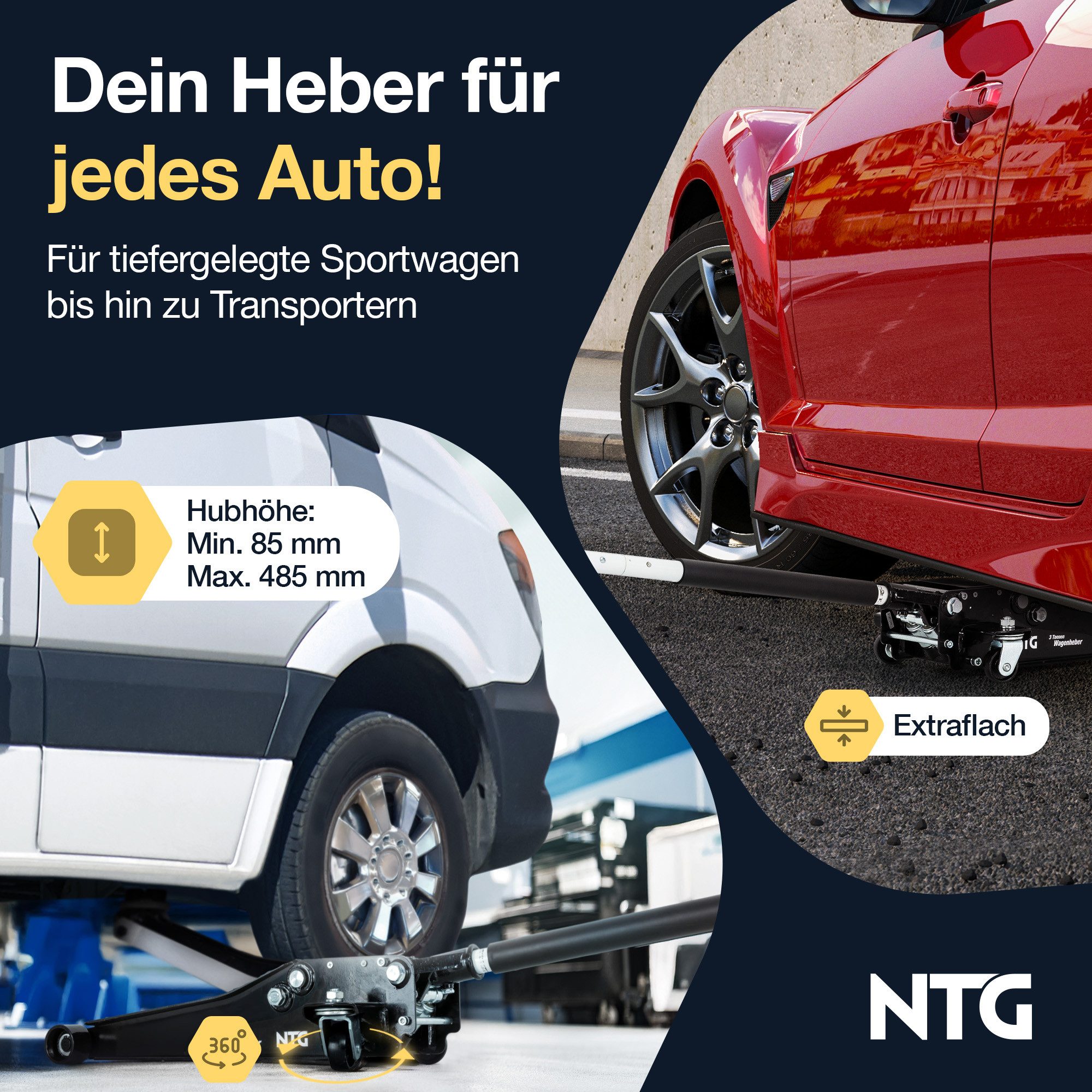 NTG Nutzfahrzeug Technik GmbH Rangierwagenheber Hydraulisch Wagenheber 3to 3000kg 85-485mm KFZ PKW SUV Werkstatt, max. Hubhöhe: 48.5 cm, Magnetische Ablage