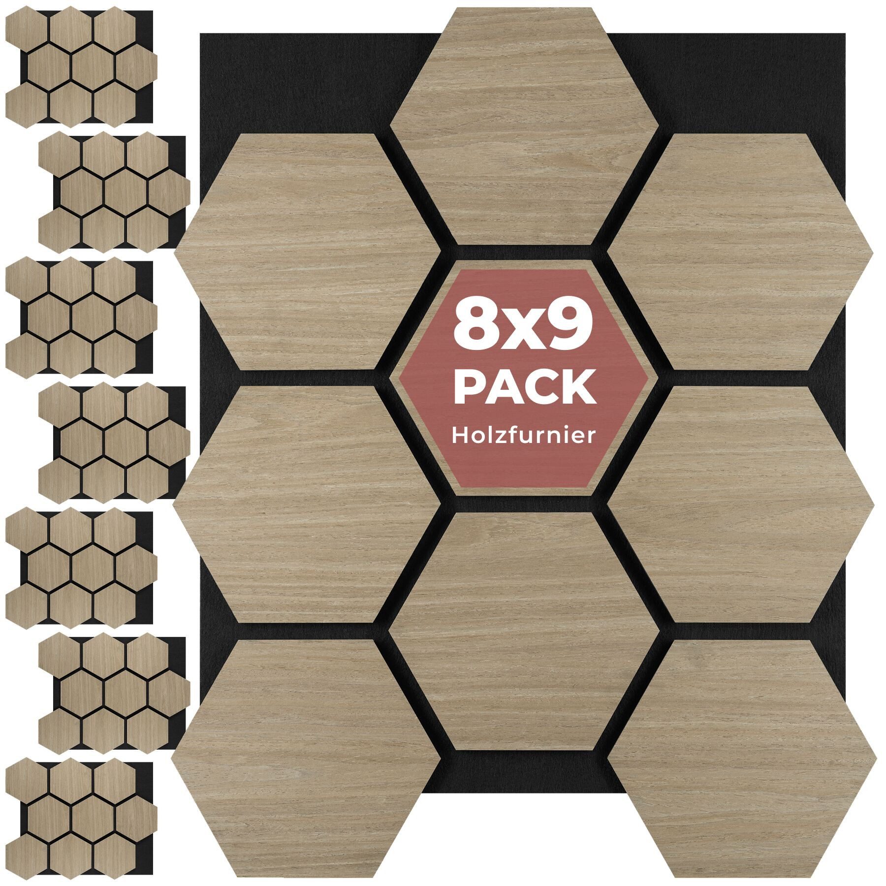 tectake Wandpaneel Akustikpaneele aus MDF und Echtholzfurnier, je 76 x 62 x 1,8 cm, BxL: 62x76 cm, 0.47 qm, (Schallschutzplatten mit Wabenmuster Sonic Shield, 8-tlg., Holzoptik in Eiche dunkel) schallabsorbierender Filz, einfache Montage mit Kleber oder Schrauben