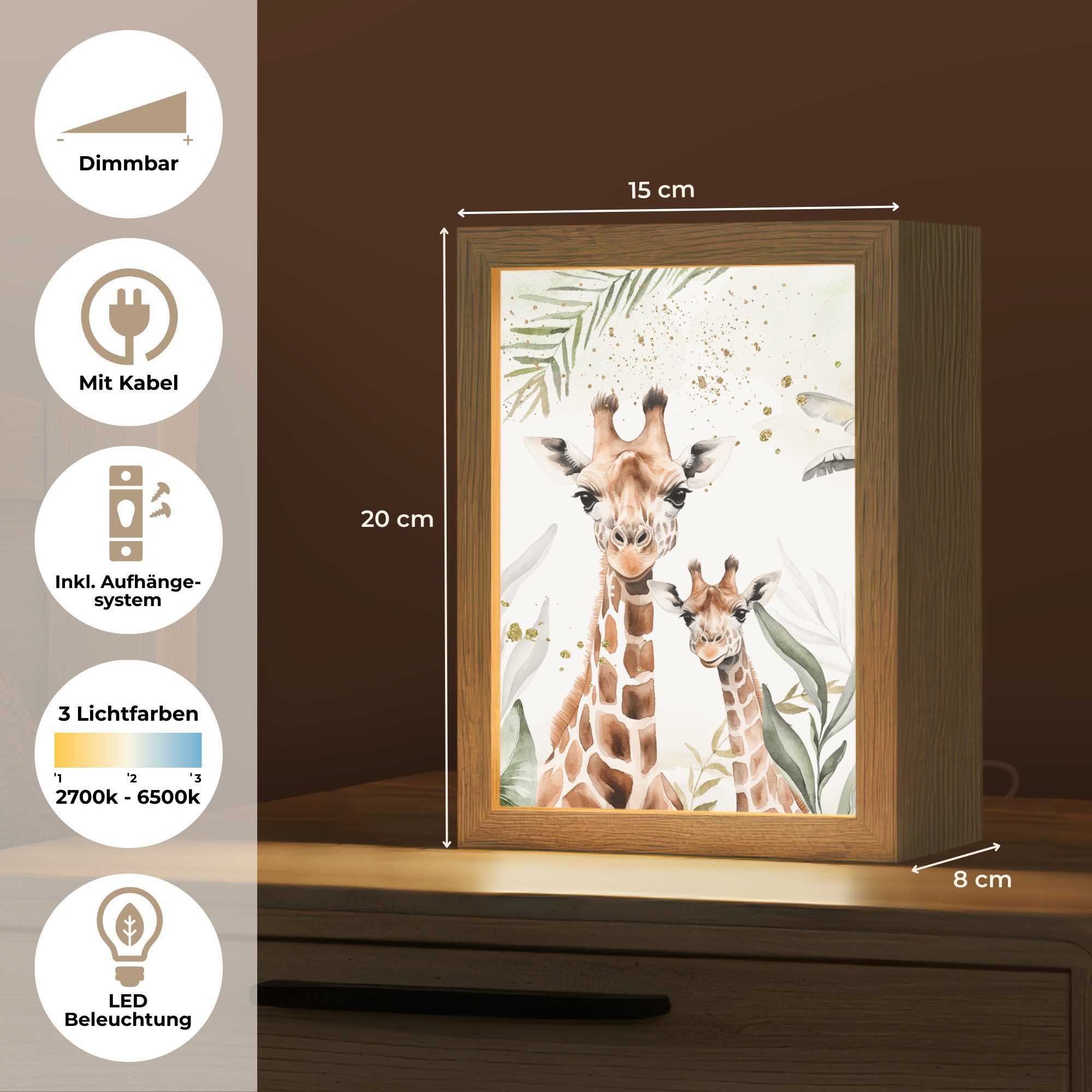 OnlyWow Nachttischlampe Lightbox Giraffe - Blätter - Kinder - Tiere - Dschungel - Jungen, Dimmbar, Farbwechsel, LED, Warmweiß, Kaltweiß, Neutralweiß Einstellbar, Kinderzimmer, Babyzimmer, Dimmbar, mit Kabel, Nachtlampe, LED