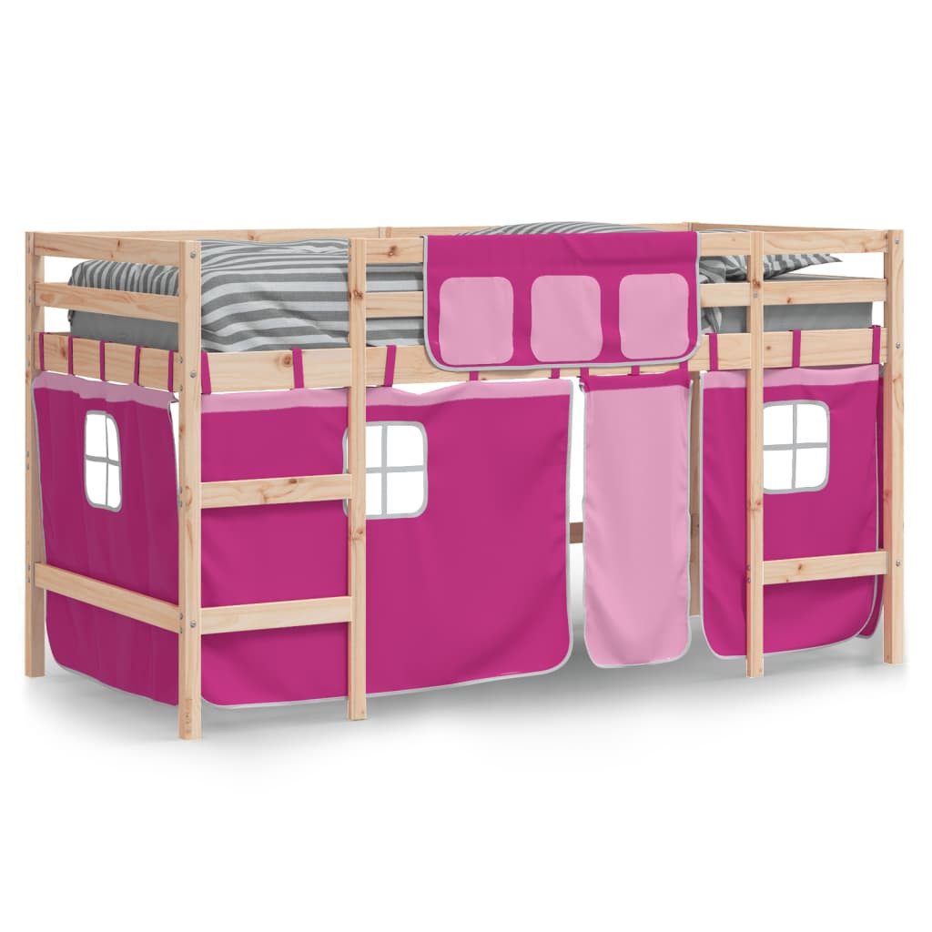 vidaXL Bett Kinderhochbett mit Vorhängen Rosa 90x200 cm Massivholz Kiefer