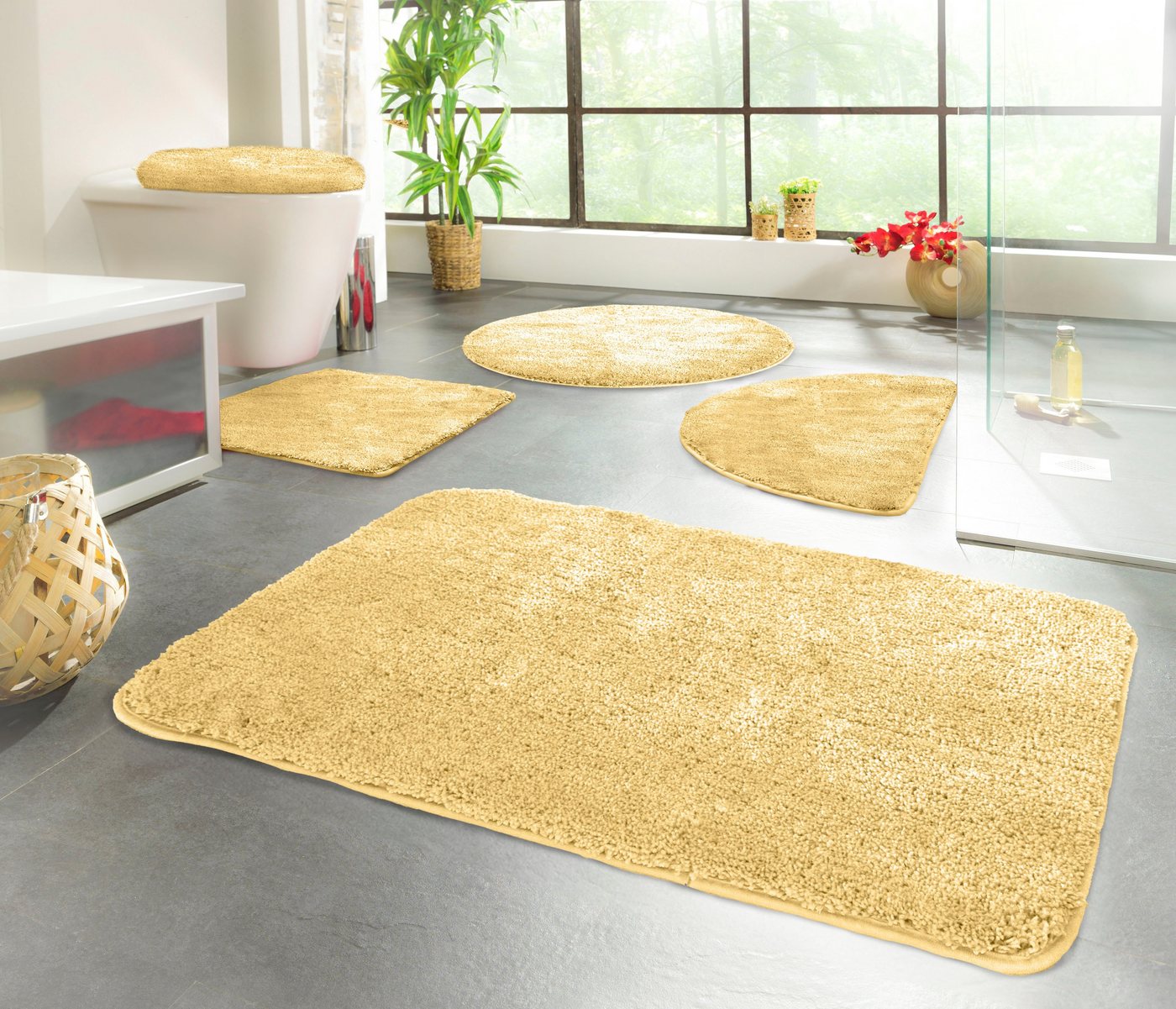 KiNZLER Badematte Chaozhou, Badvorleger, Badezimmer Teppich, Höhe 20 mm, rutschhemmend beschichtet, fußbodenheizungsgeeignet, Polyester, WC-Vorleger mit Ausschnitt, Badteppich, Uni Farben, weich, als rechteckig, rund & Set erhältlich
