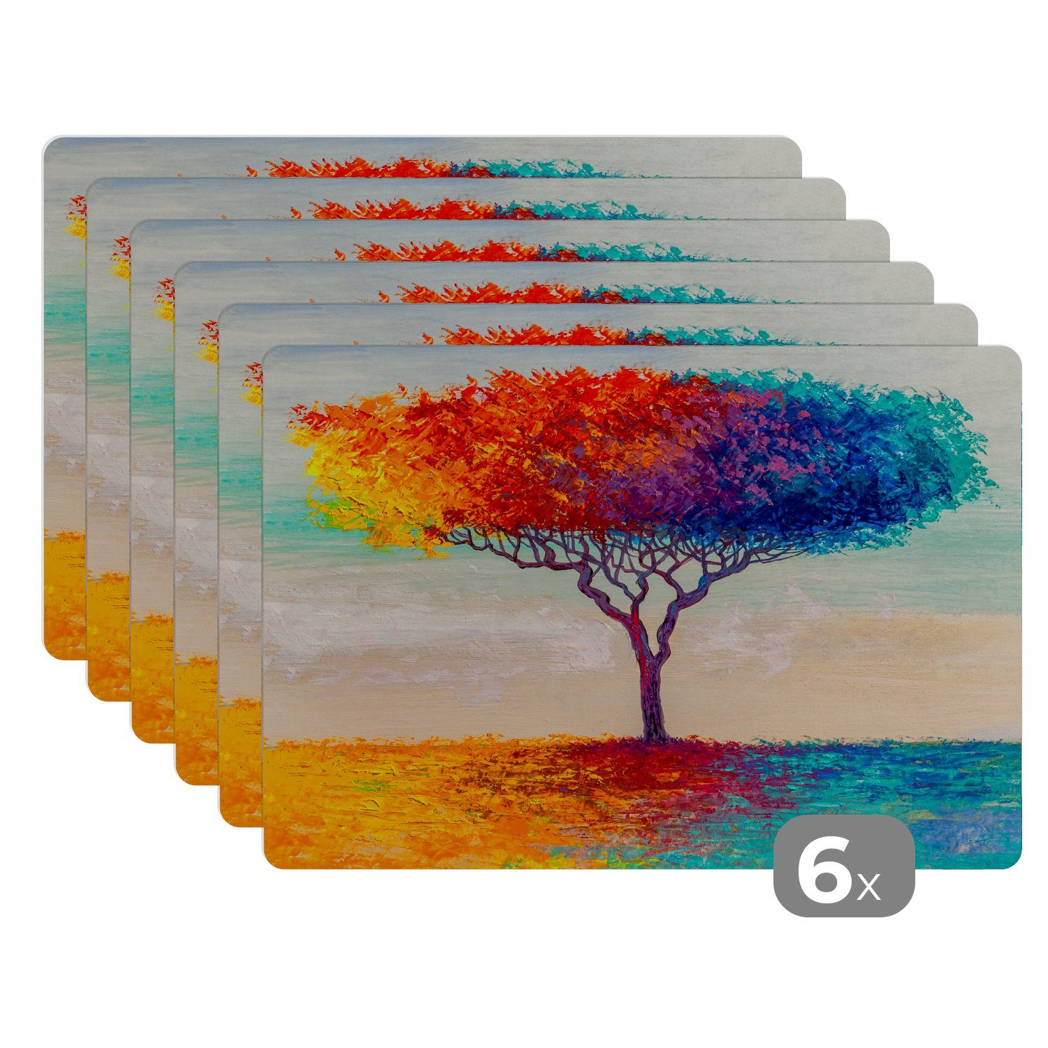Platzset, Gemälde - Baum - Ölfarbe - Regenbogen, MuchoWow, (6-St), Platzset, Platzdecken, Platzmatte, Tischmatten, Schmutzabweisend