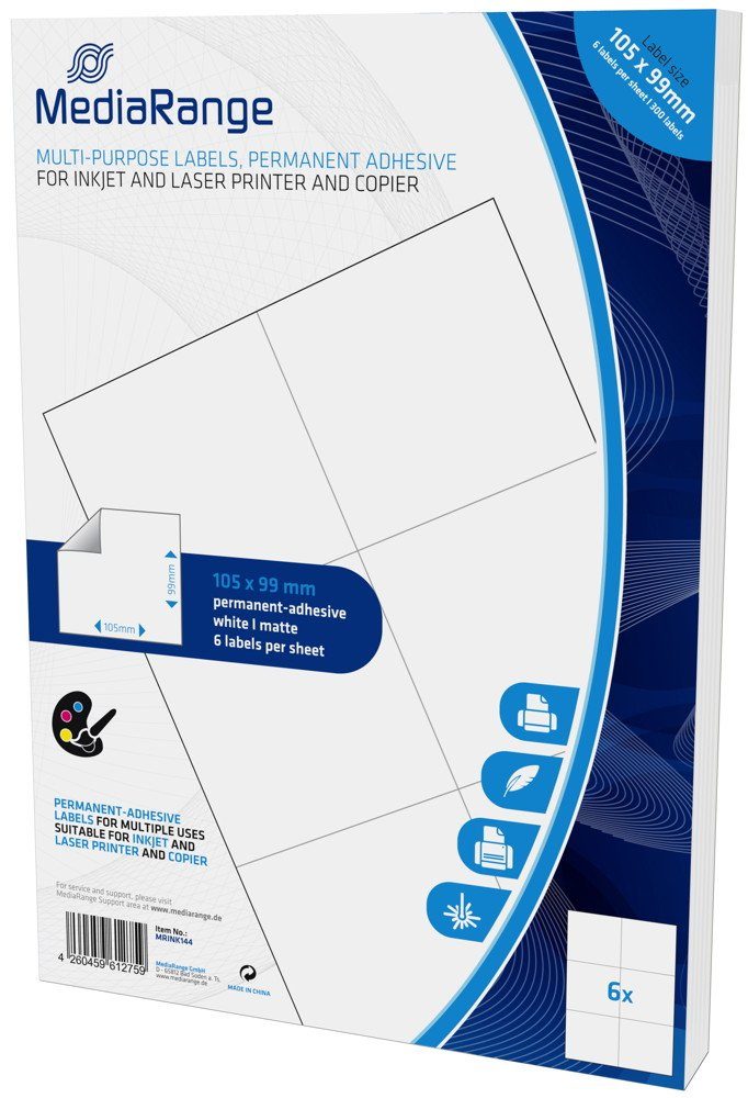 Mediarange Etikettenpapier 300 Etiketten Label selbstklebend 105 x 99 mm auf 50 A4 Bogen