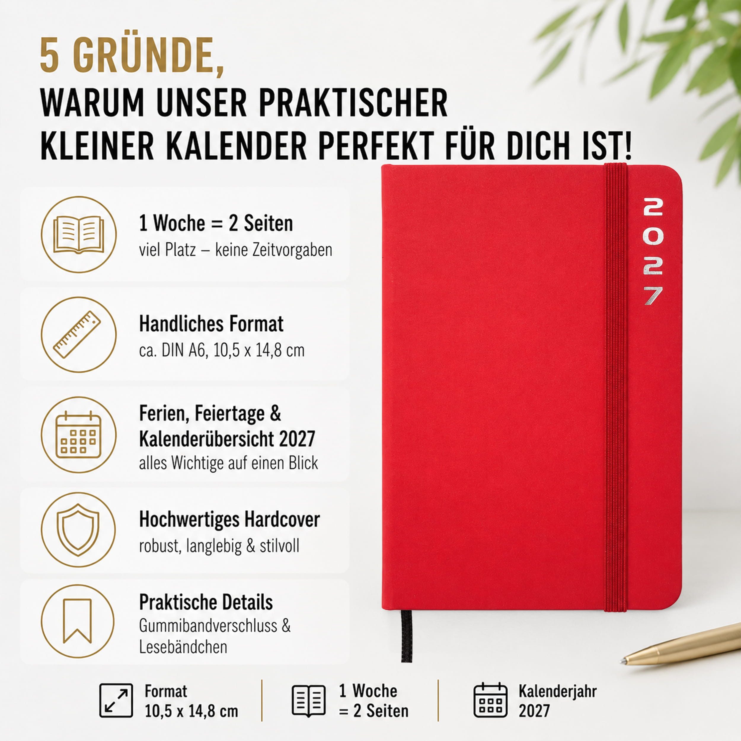 AMLI Taschenkalender Taschenkalender 2027 A6 mit Gummiband 1 Woche 2 Seiten Rot, Gummiband, Folienprägung, Leseband, Ferien & Feiertage – Bild 2 von 5