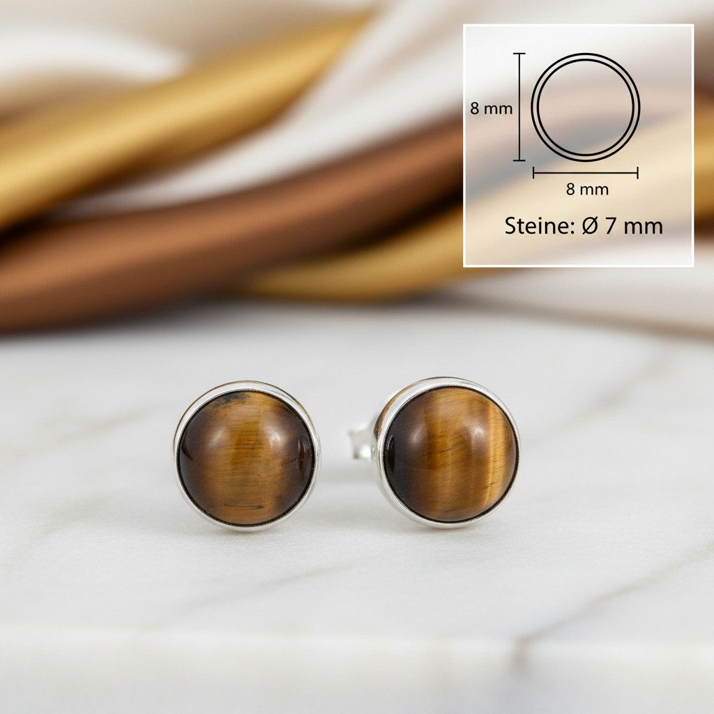 mantraroma Paar Ohrstecker SAMA rund medium aus 925 Silber mit Tigerauge (Paar, Paar Ohrringe mit Schmuckbeutel), 925 Sterling Silber Ohrringe für Damen