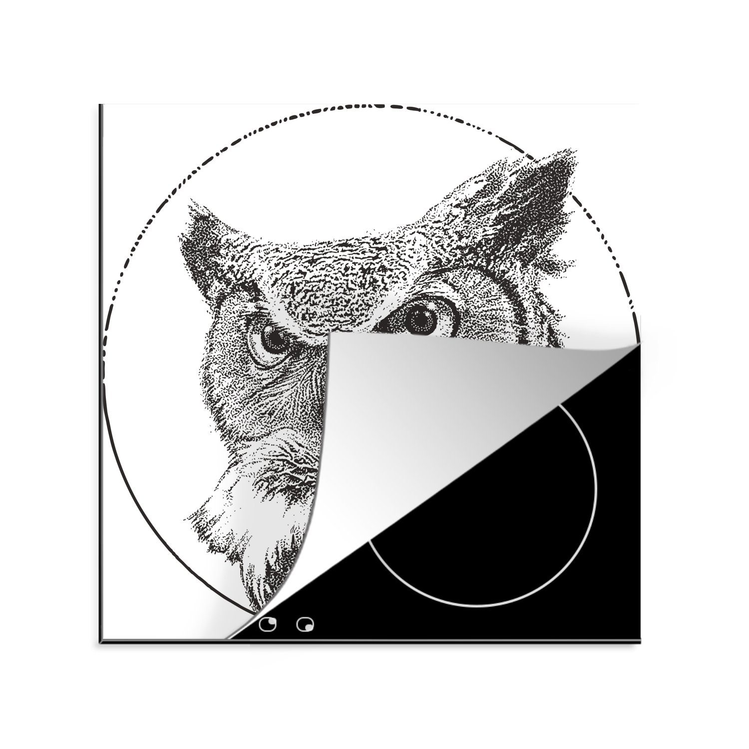 MuchoWow Herdblende-/Abdeckplatte Eine schwarz-weiße Illustration der Great Horned Owl, Vinyl, (1 tlg), 78x78 cm, Ceranfeldabdeckung, Arbeitsplatte für küche