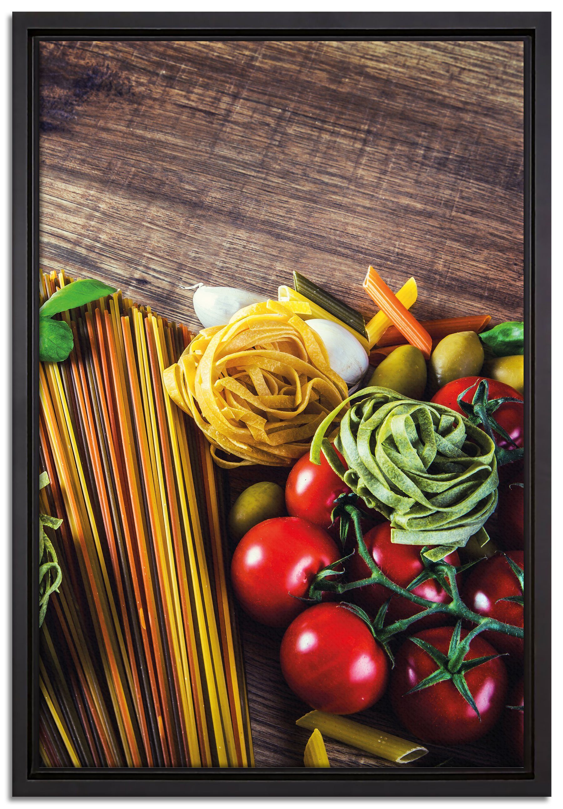 Pixxprint Leinwandbild Pasta Italia mit Tomaten, Wanddekoration (1 St), Leinwandbild fertig bespannt, in einem Schattenfugen-Bilderrahmen gefasst, inkl. Zackenaufhänger