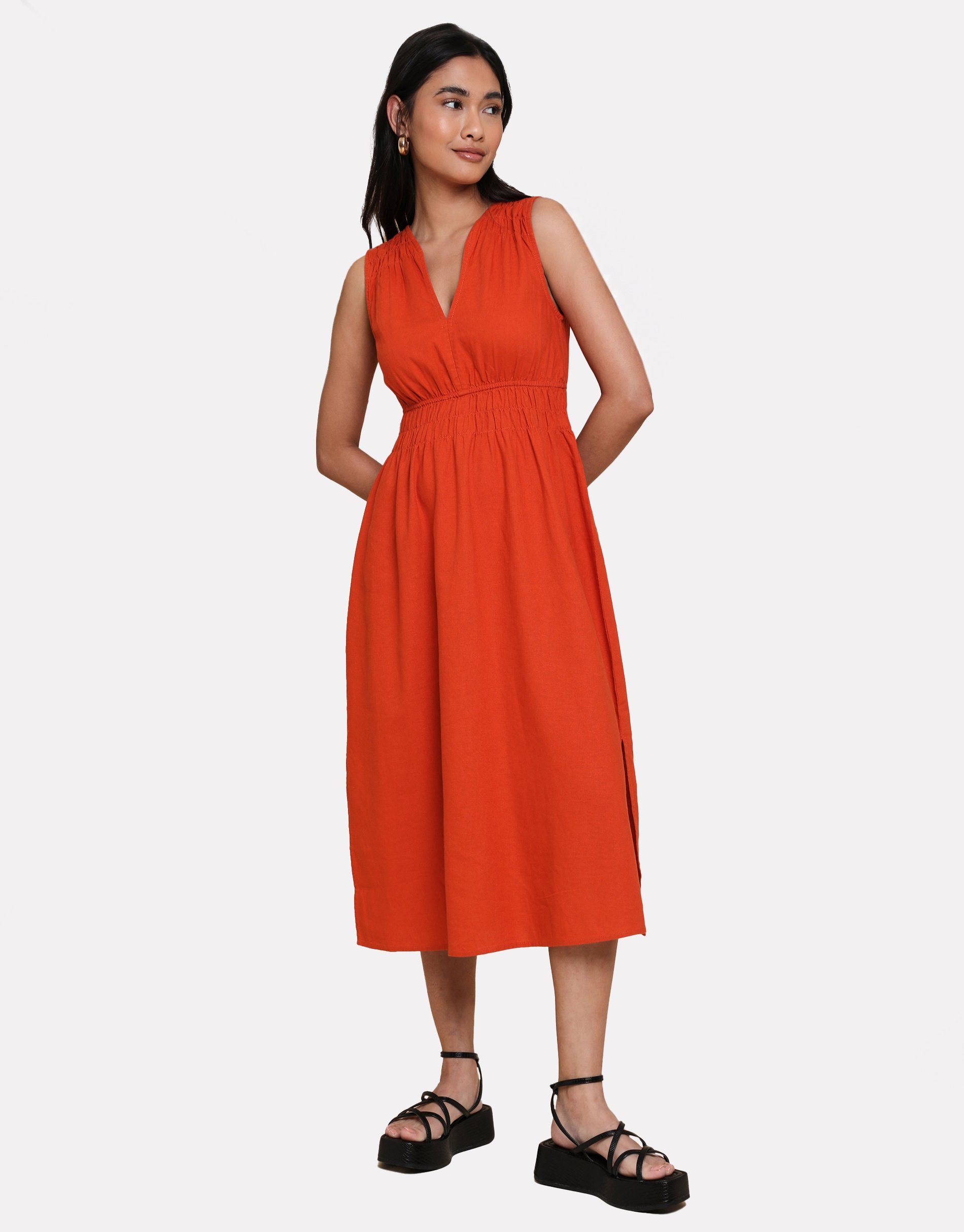 Threadbare Sommerkleid THB Peppercorn Linen Waisted Midi Dress Orange | Sommerkleider