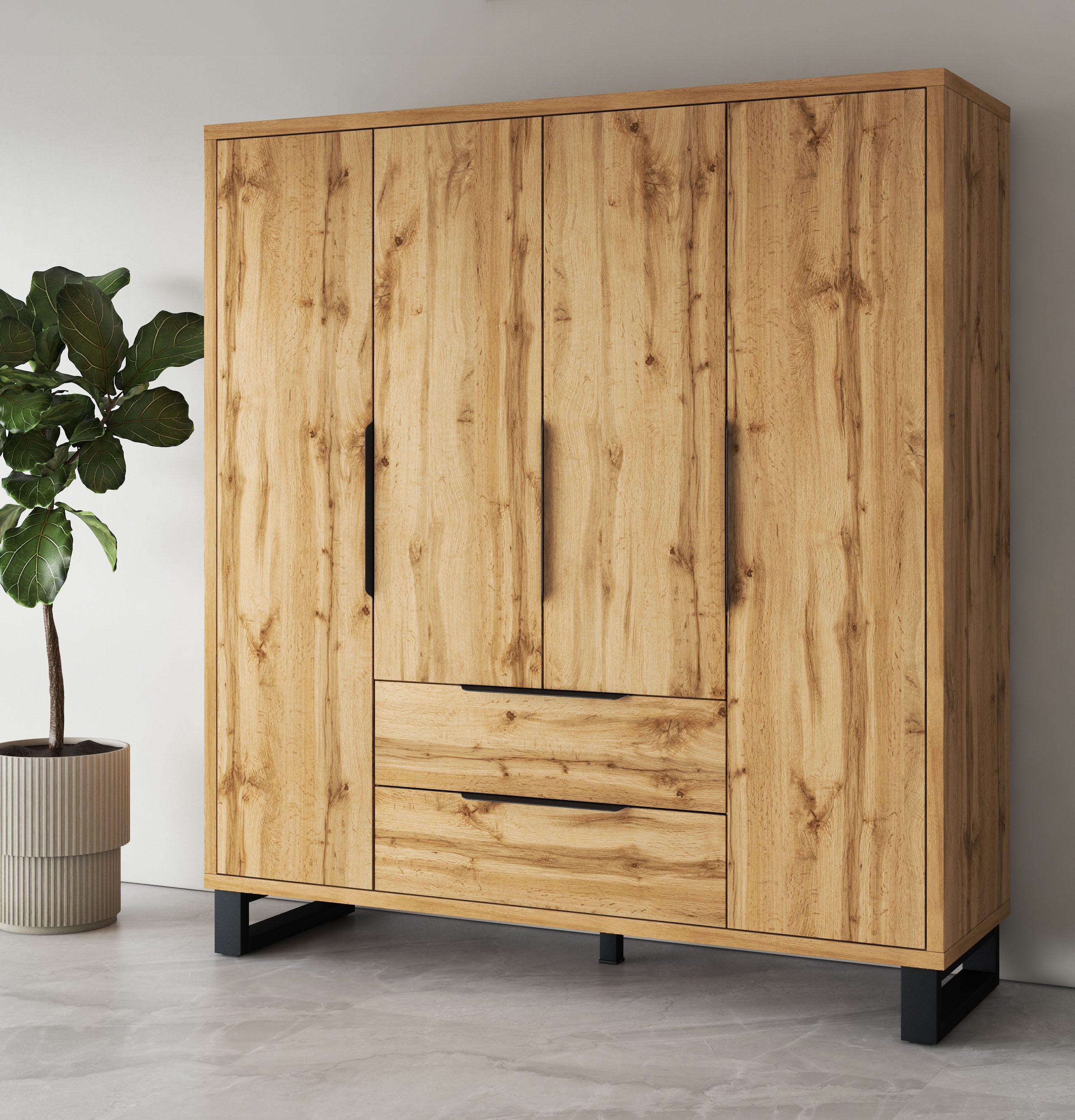 Home affaire Drehtürenschrank Bronne,Breite 191 cm, Kleiderschrank inclusive Innenausstattung Kleiderschrank, 2 Schubkästen, Metallgriffe, …