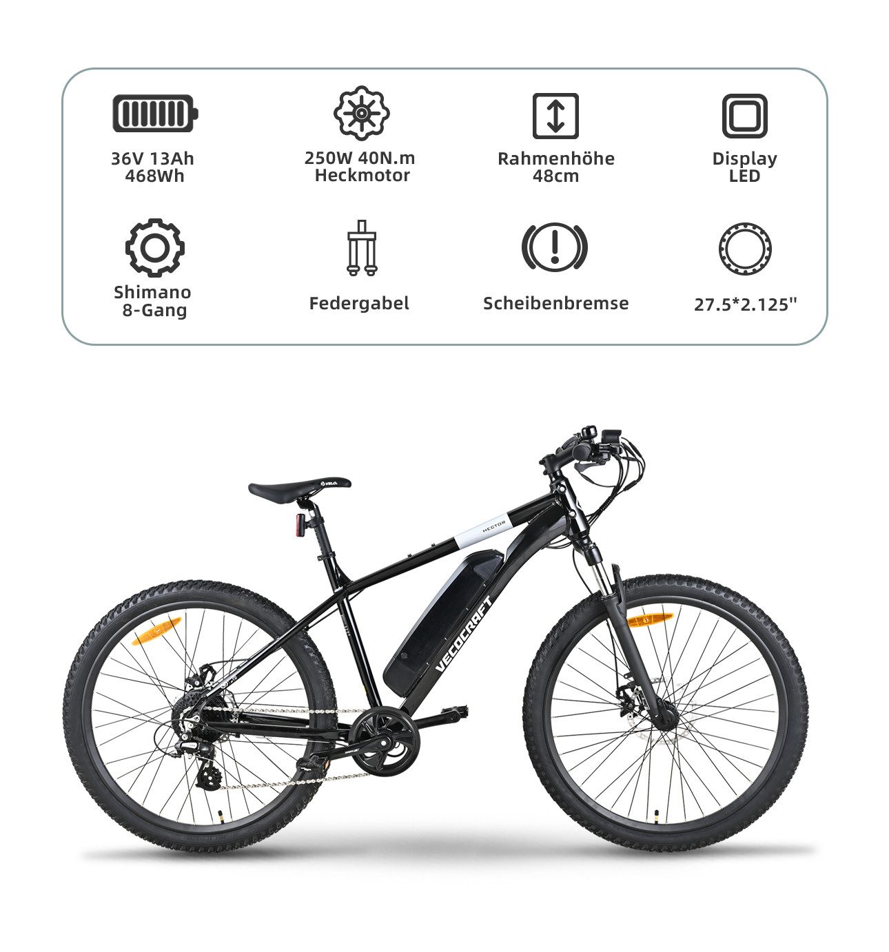 VECOCRAFT E-Bike Mountainbike HECTOR 27.5 Zoll 468WH mit Akku-Ladegerät Sportliches Pedelec, 8 Gang Shimano, Kettenschaltung, Heckmotor, 468 Wh