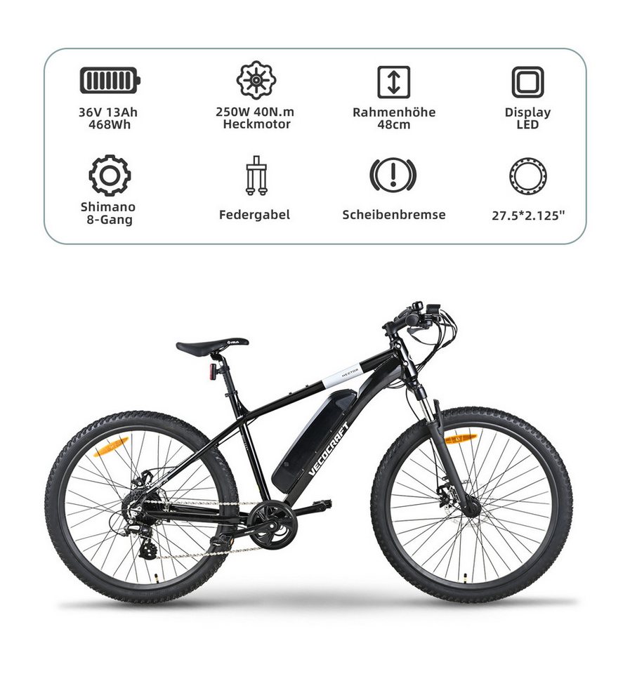 Thumbnail - VECOCRAFT E-Bike Mountainbike HECTOR 27.5 Zoll 468WH mit Akku-Ladegerät Sportliches Pedelec, 8 Gang Shimano, Kettenschal...