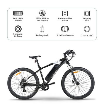 VECOCRAFT E-Bike HECTOR 27.5 Zoll 468WH mit Akku-Ladegerät, mit Werkzeug, 8 Gang Shimano, Kettenschaltung, Heckmotor, 468 Wh Baterrie