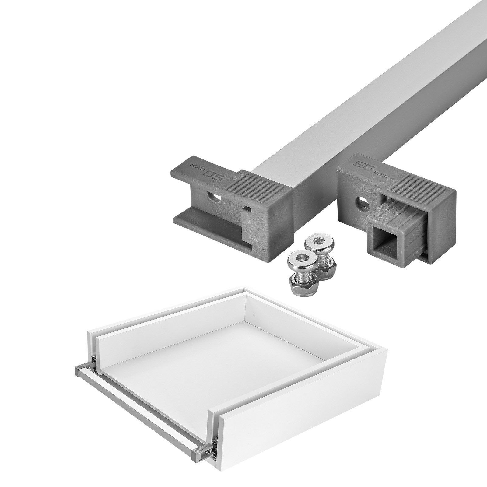 SO-TECH® Griff VarioSlide Pat. Einhandverriegelung f. Schubladen ohne Front, Breite 60 cm Alu mit grauem Adapter für VarioSlide Auszug