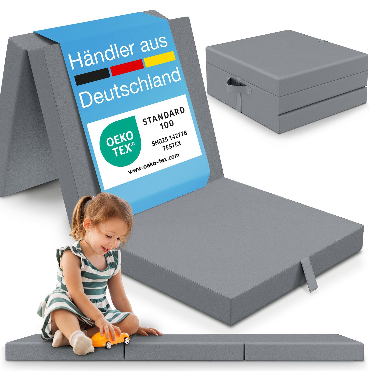 Klappmatratze Faltbare Kinder- & Erwachsenen-Reisematratze für Camping und Reisen, ELONEO, 9 cm hoch, verschied. Motive, inkl. Griff & Halteband