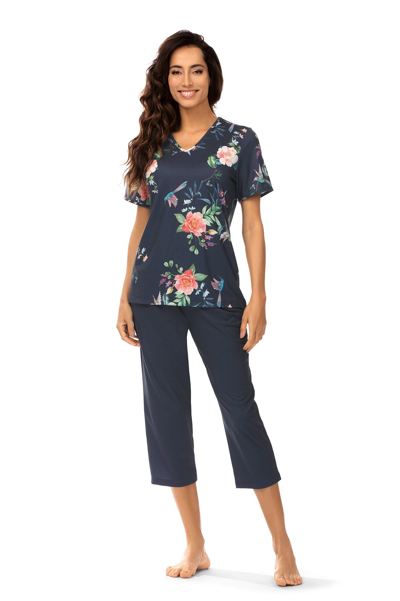 Ascafa Schlafanzug (Set, 2 tlg., Set) Damen Schlafanzug 2-teilig Pyjama Caprihose Blumenmuster