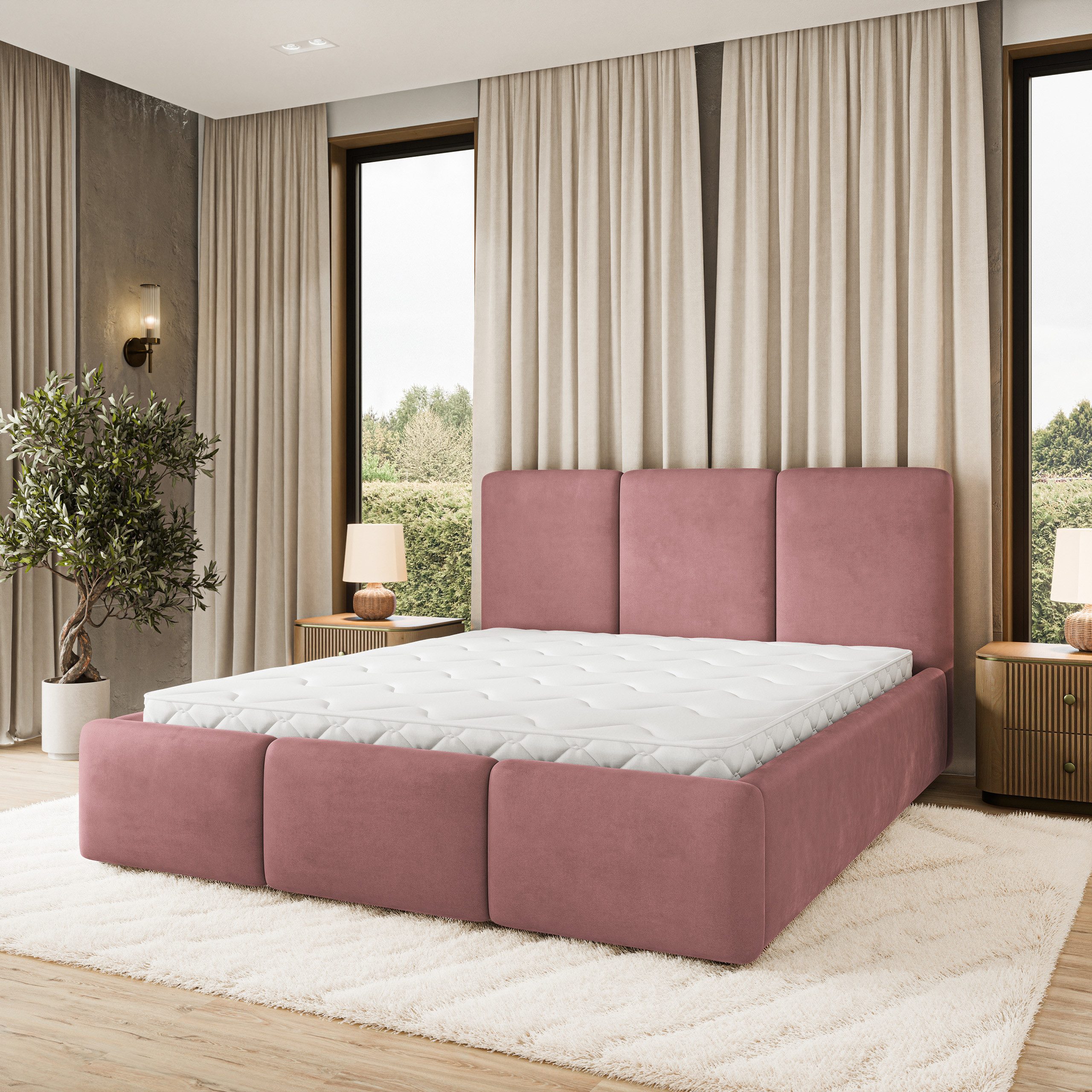 Masseno Polsterbett MORENA 120x200 cm rosa (mit Bettkasten und Lattenrost)