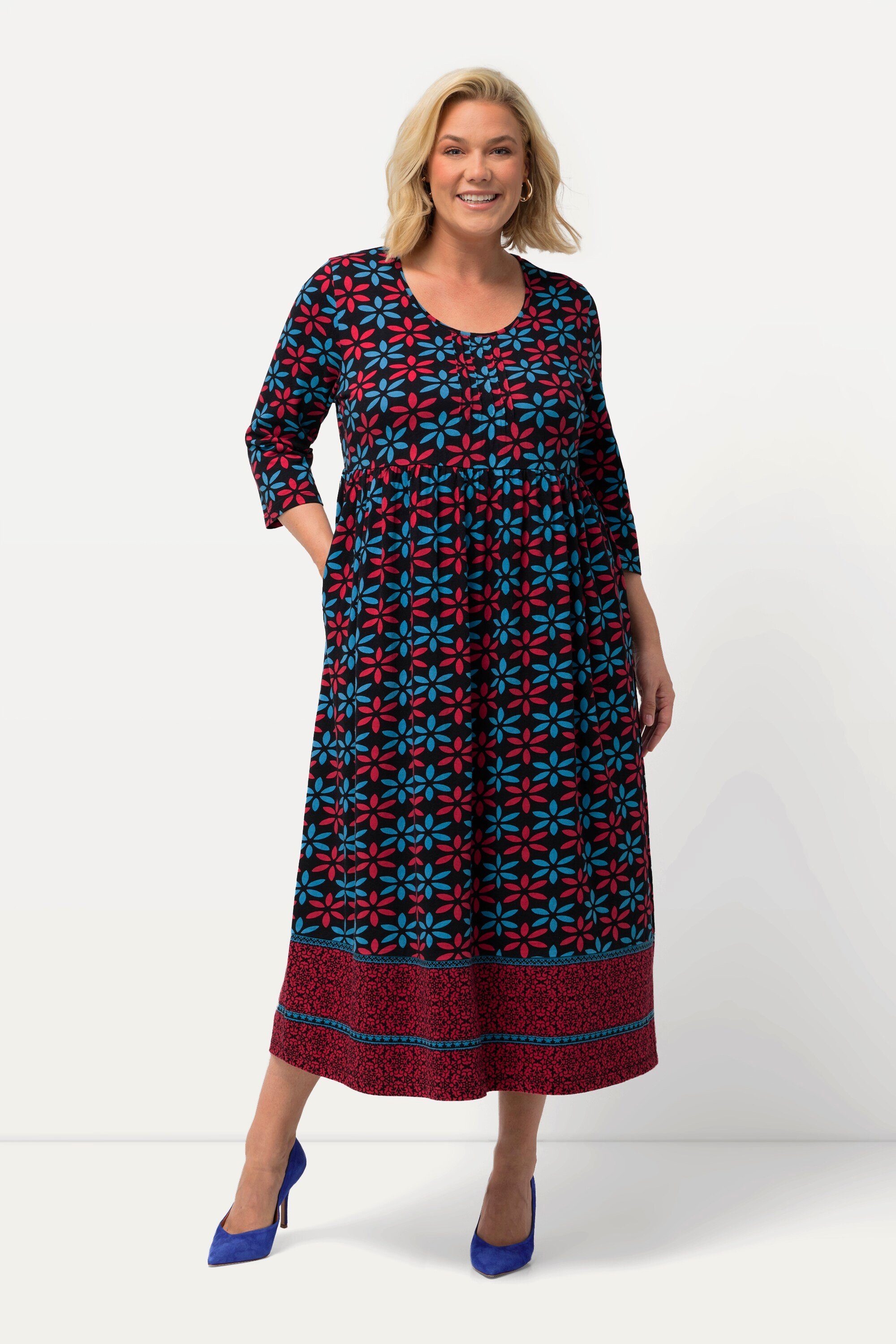 Maxikleid Jerseykleid Blüten A-Linie Rundhals 3/4-Arm