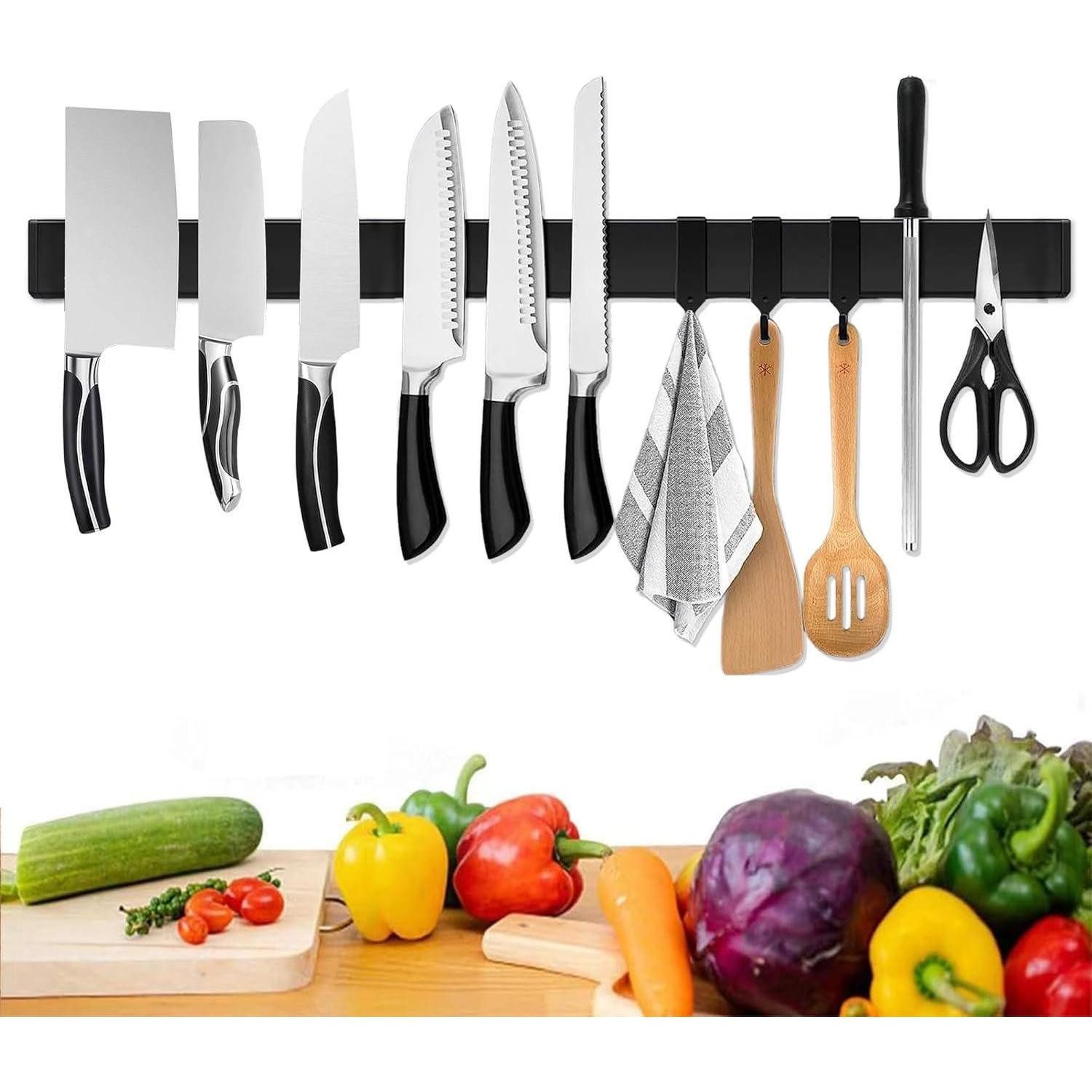 Trhillsbrad Wand-Magnet Messer-Leiste Magnetleiste Messer 60 cm Schwarz Edelstahl 3 Haken Selbstklebend