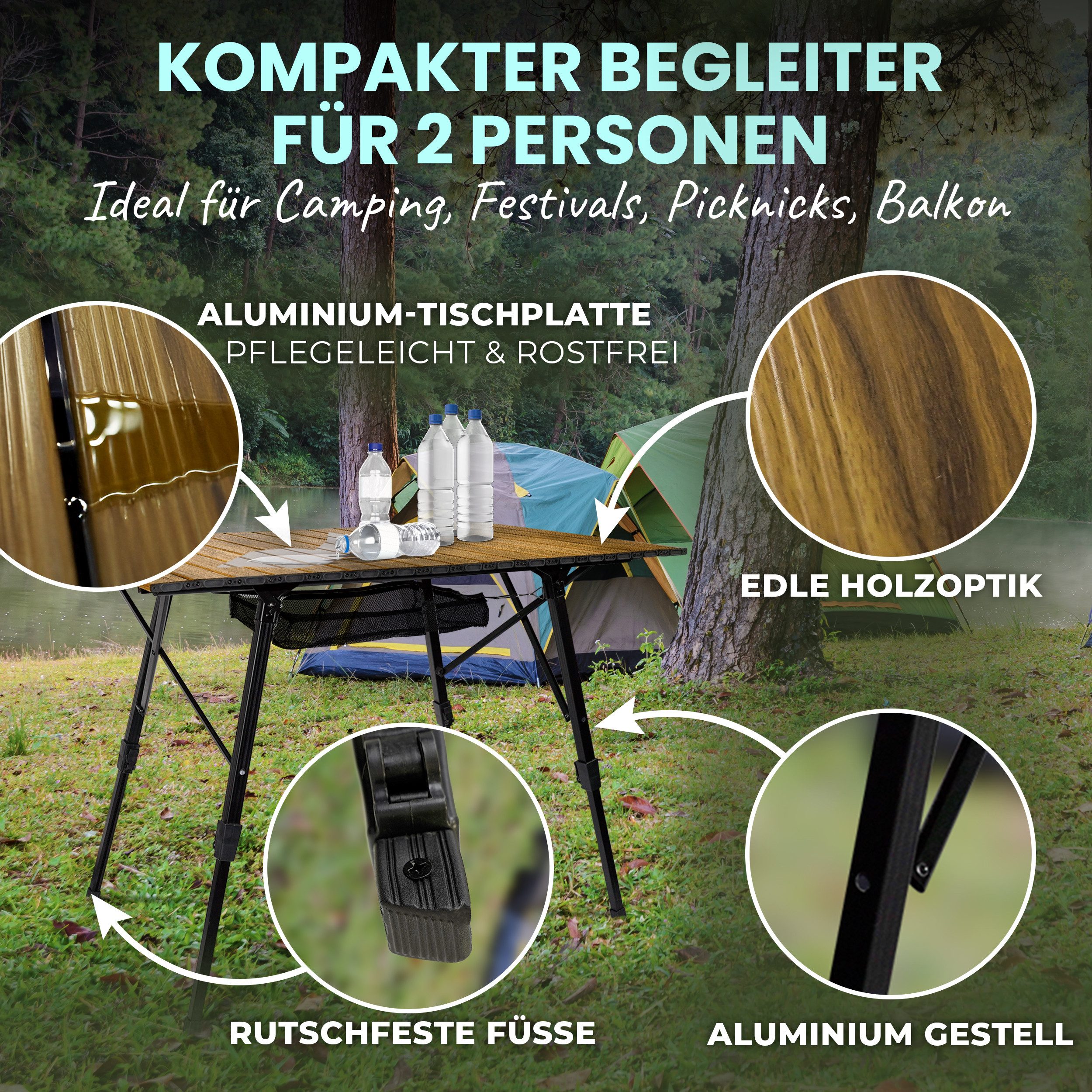 LAWA Living and Lifestyle Campingtisch Falttisch Outdoor höhenverstellbar Aluminium 2 Personen 92 x 60 cm, Holzdekor, faltbar, ultraleicht, klappbar, rostfrei, kompakt, stabil