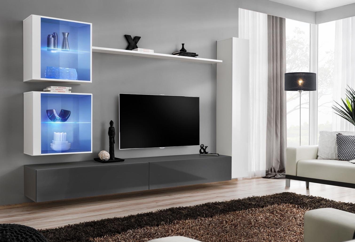 JVmoebel Wohnwand Weiß Wohnwand Wohnzimmer Set TV-Ständer Designer Möbel, (7-St), Made in Europa