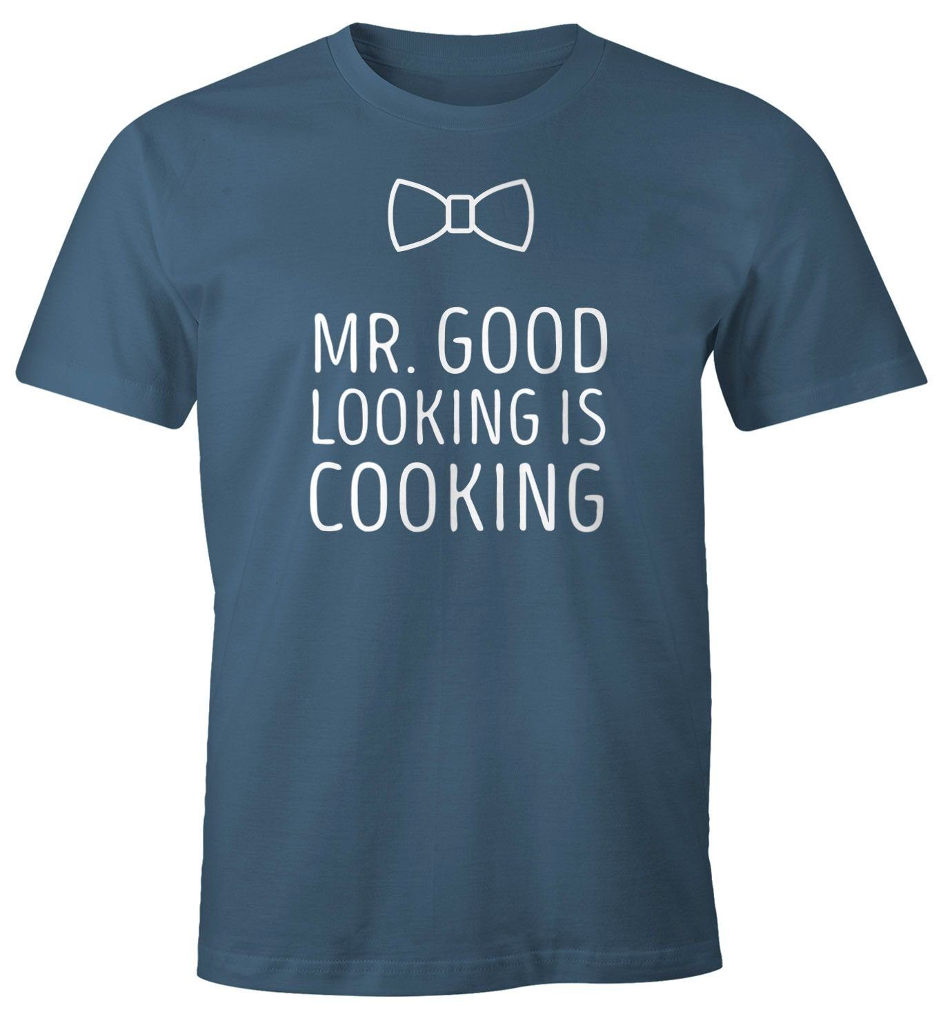 Grillen Herren Print-Shirt looking T-Shirt Fun-Shirt cooking is good BBQ mit Mr Koch Spruch-Shirt Moonworks® MoonWorks Küche Print Foodie blau