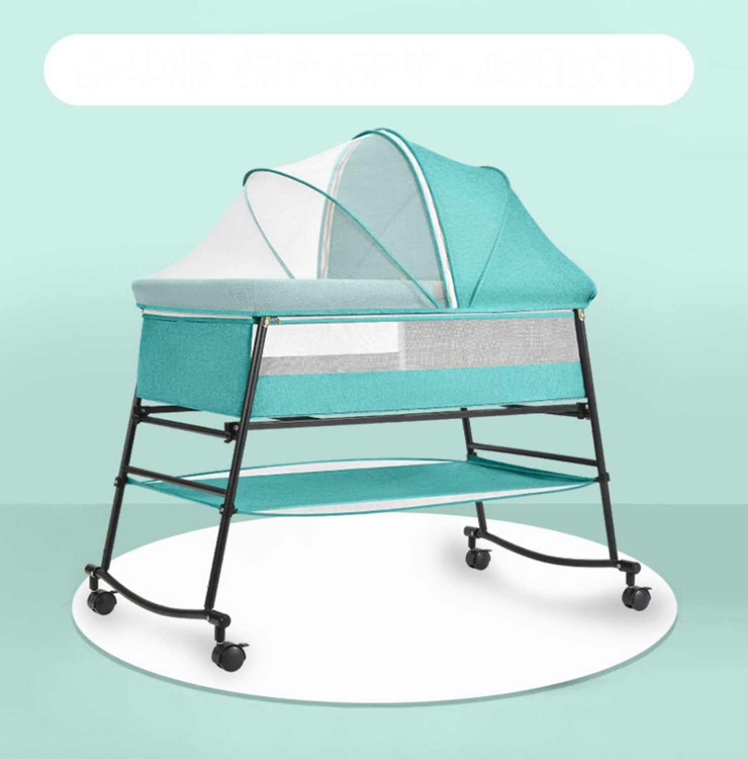 TPFLiving Beistellbett rollbares Babybett Babywiege Liegefläche verstellbar, rollbares Babybett Reisebett mit Aufbewahrungstasche und Mückenschutz Grün