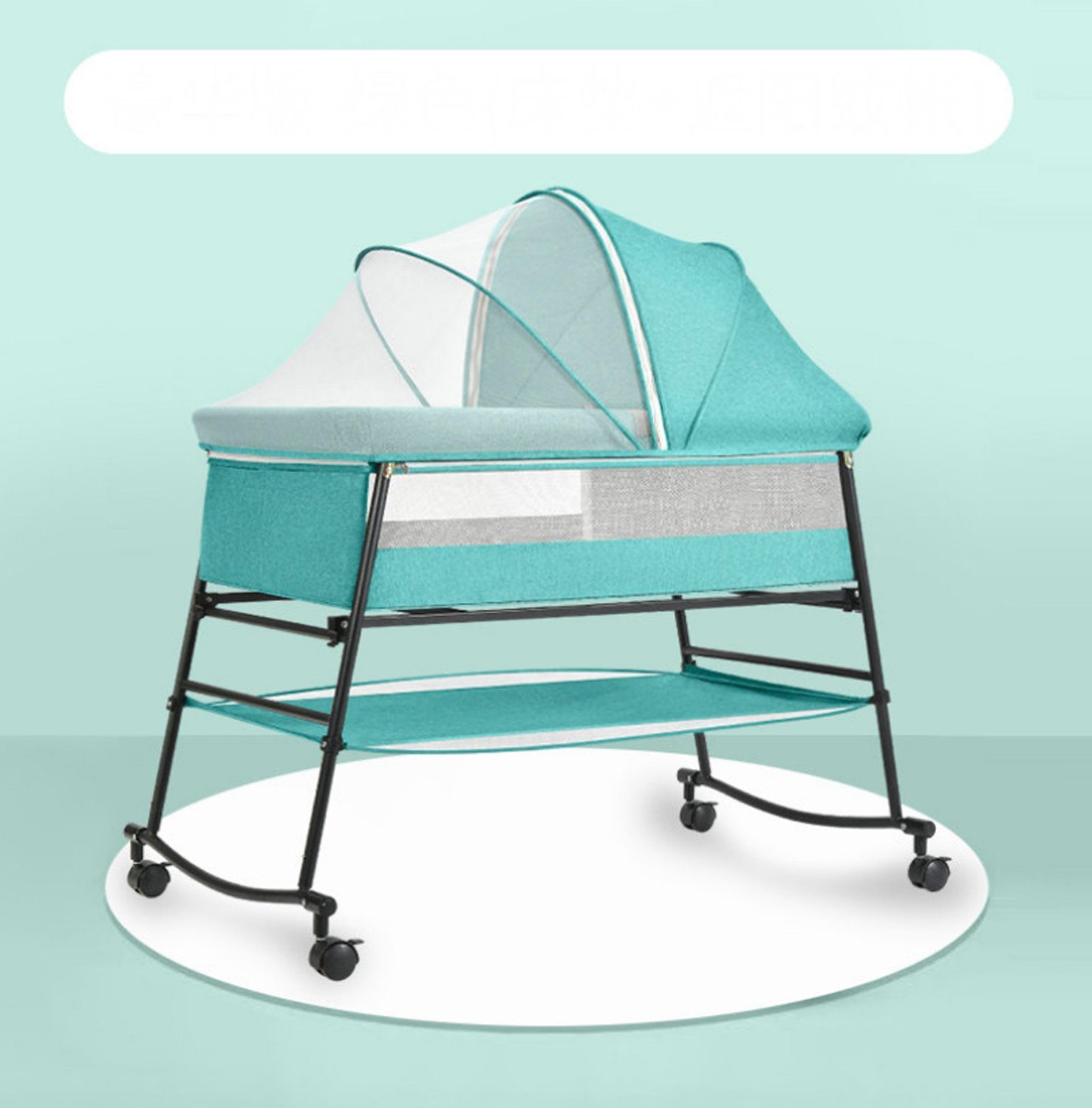 rollbares Beistellbett Grün Liegefläche Babybett Aufbewahrungstasche rollbares und verstellbar, TPFLiving Babybett Reisebett mit Mückenschutz Babywiege